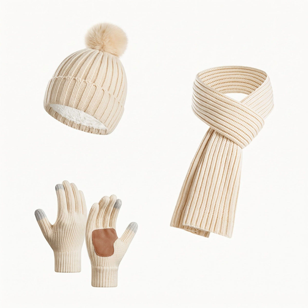 3 Piece Pom Beanie Scarf and Touchscreen Gloves Winter Set