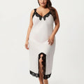 Anna-Kaci Lounge Women's Plus Size Long Satin Chemise Lace Trim Split Hem Nightgown Adjustable Strap Slip Dress