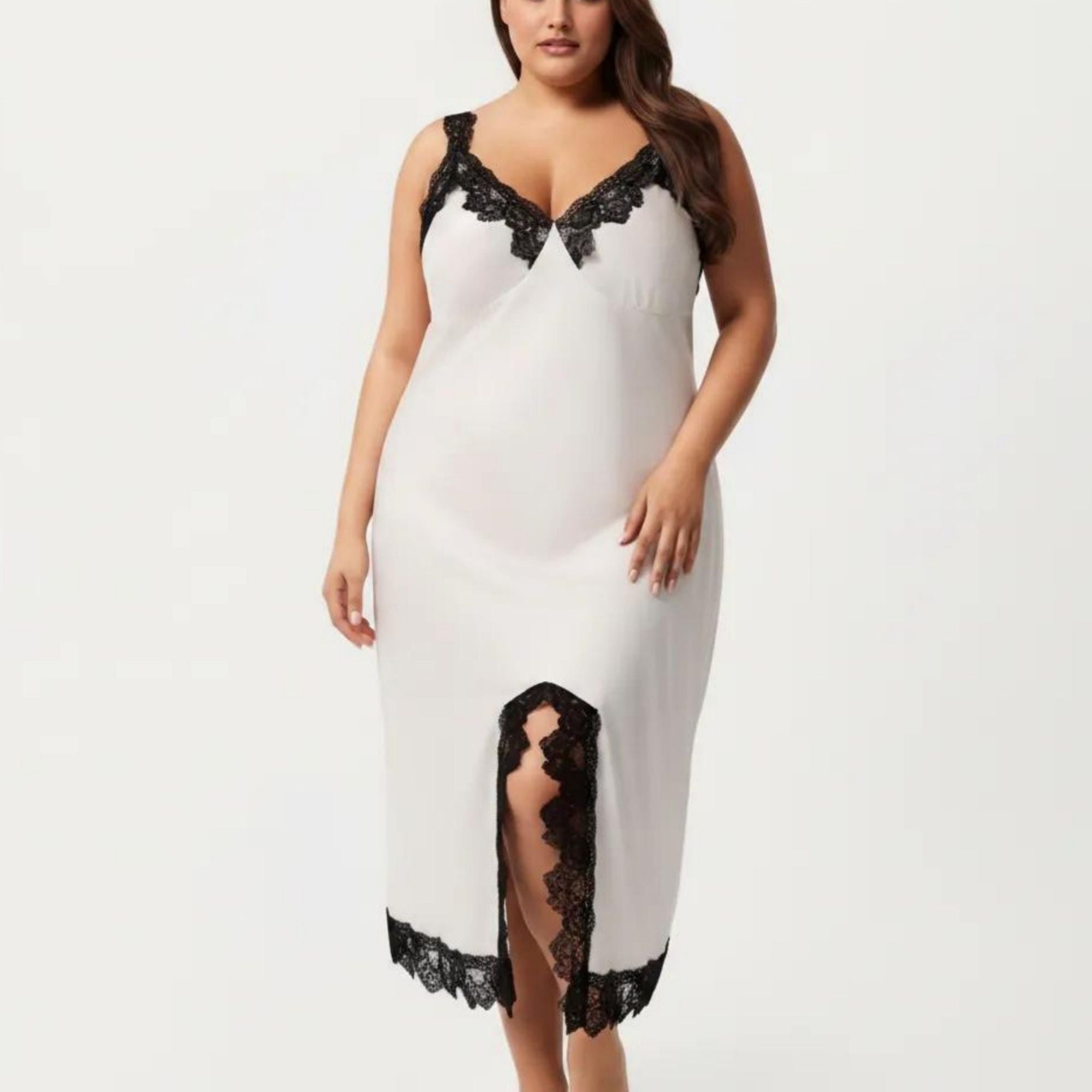 Anna-Kaci Lounge Women's Plus Size Long Satin Chemise Lace Trim Split Hem Nightgown Adjustable Strap Slip Dress