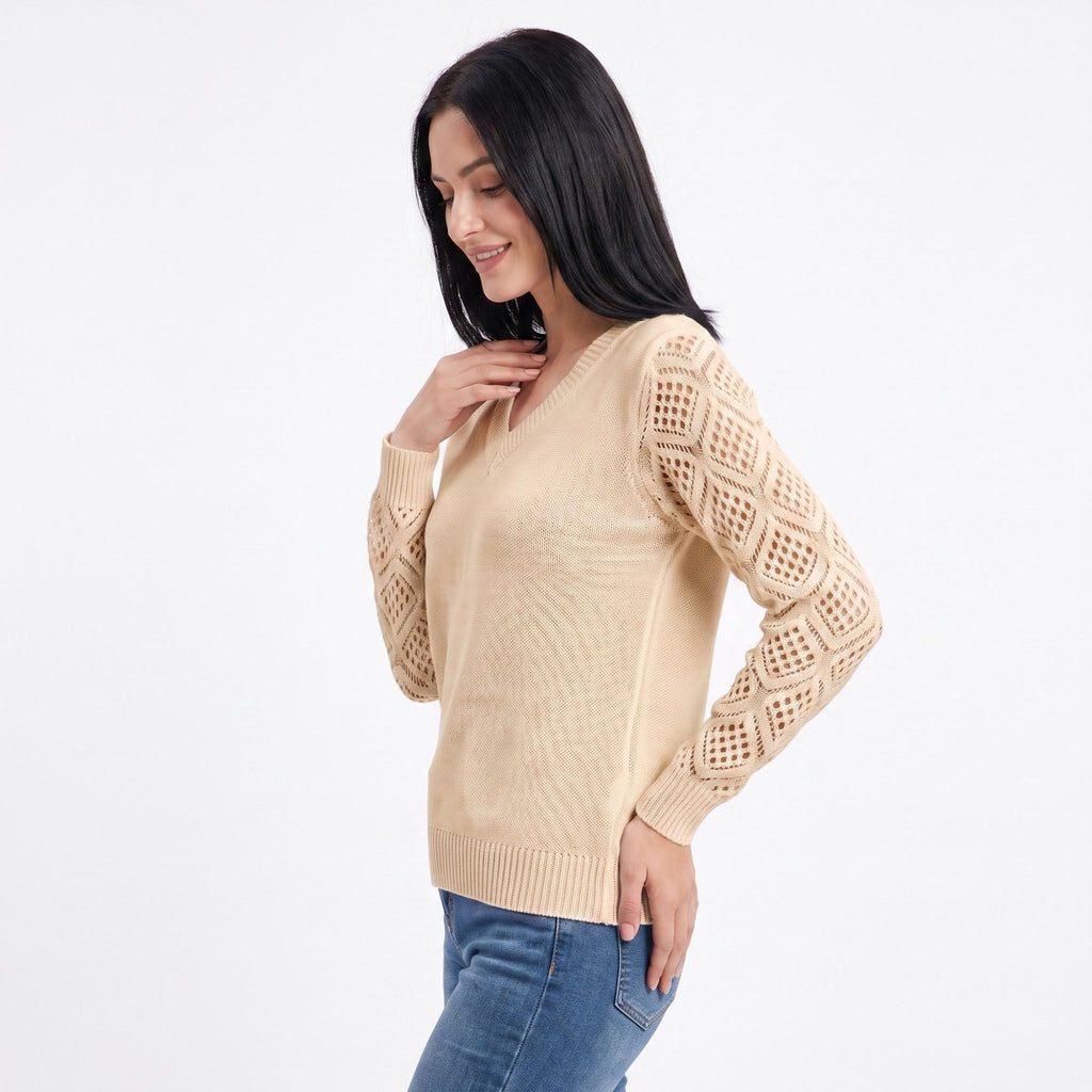 V-Neck Openwork Sleeve Long Sleeve Knit Sweater