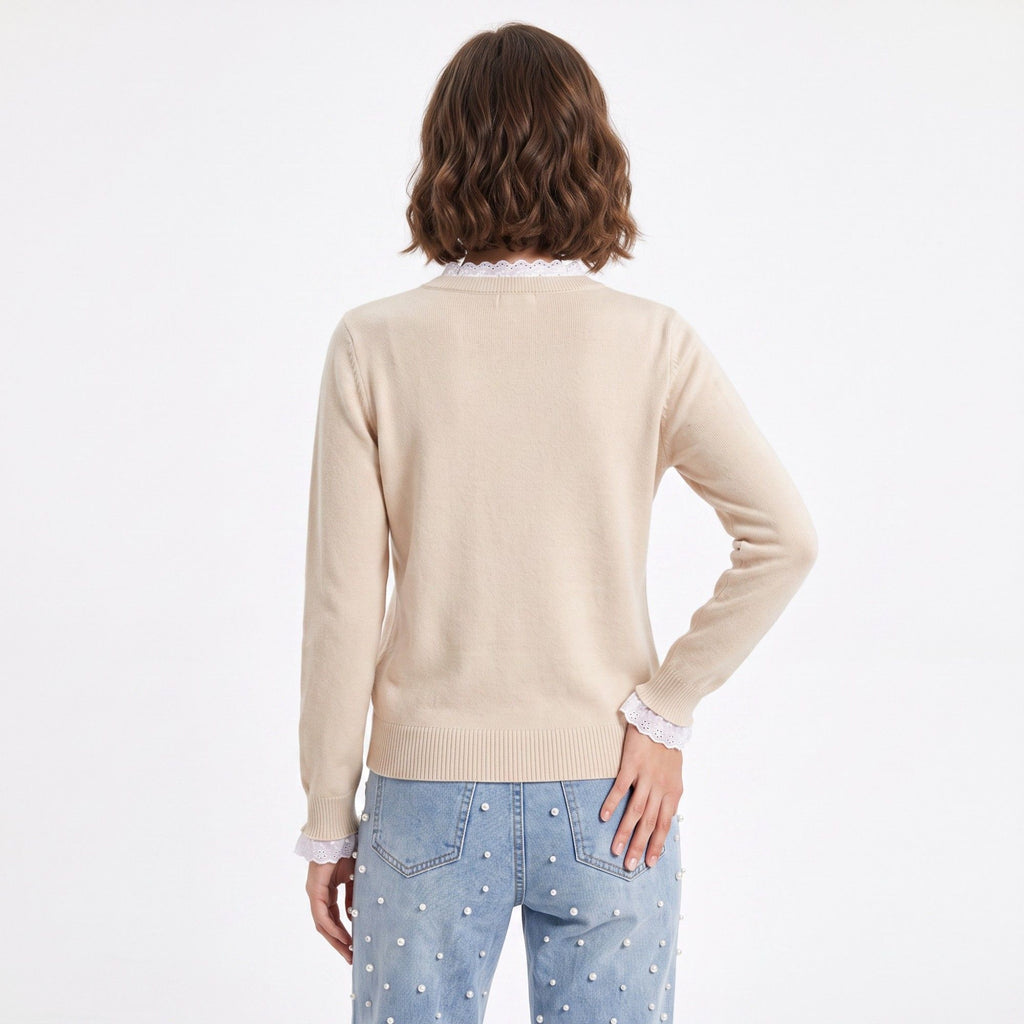 Lace Trim Crew Neck Sweater Long Sleeve Ribbed Hem Classic Knit Pullover
