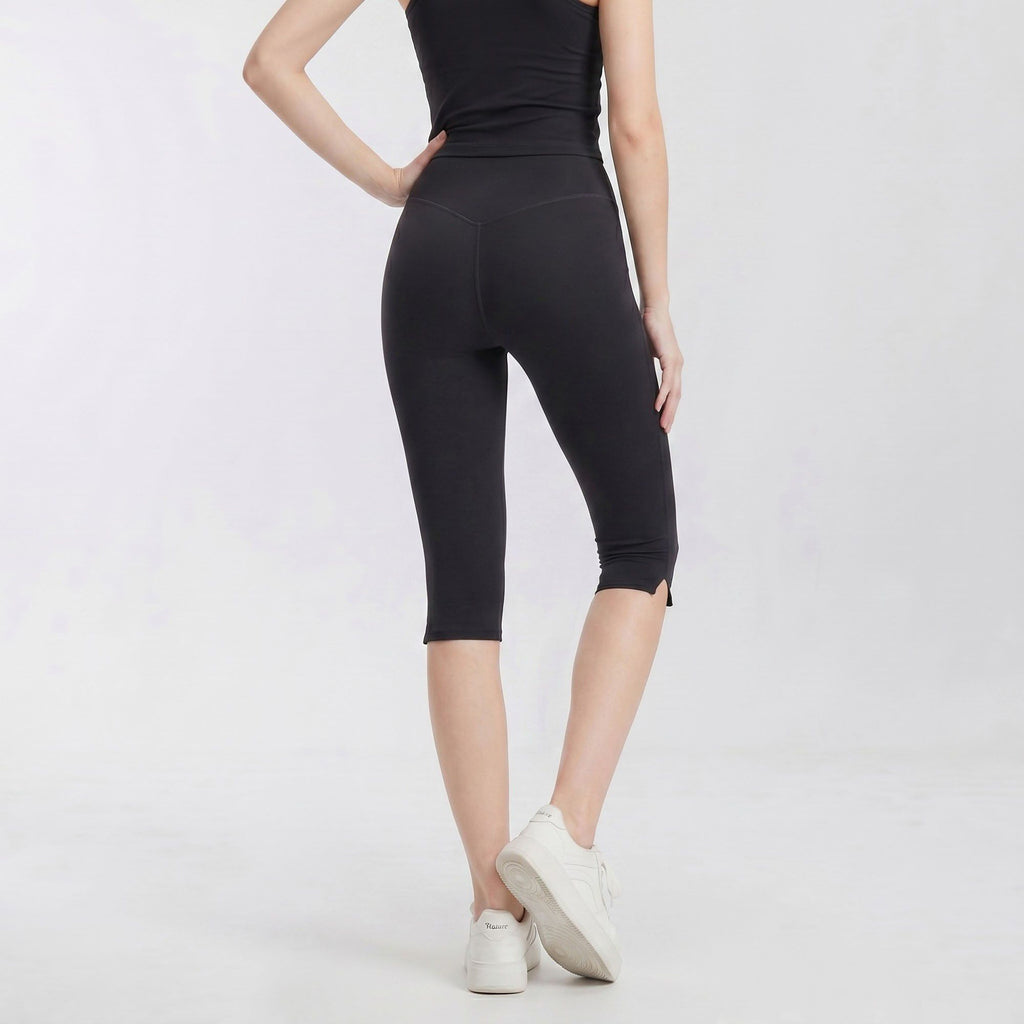 High Waist Capri Leggings with Side Slit Hem Smooth Stretch Pull On Workout Yoga Pants