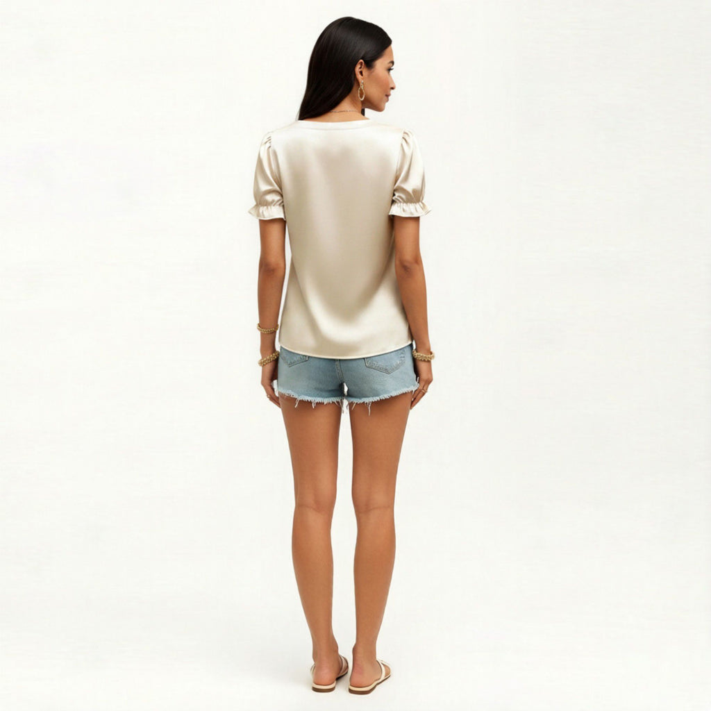 Anna-Kaci Women's Satin Faux Pearl Neck Top with Puff Sleeves and Smooth Draped Finish