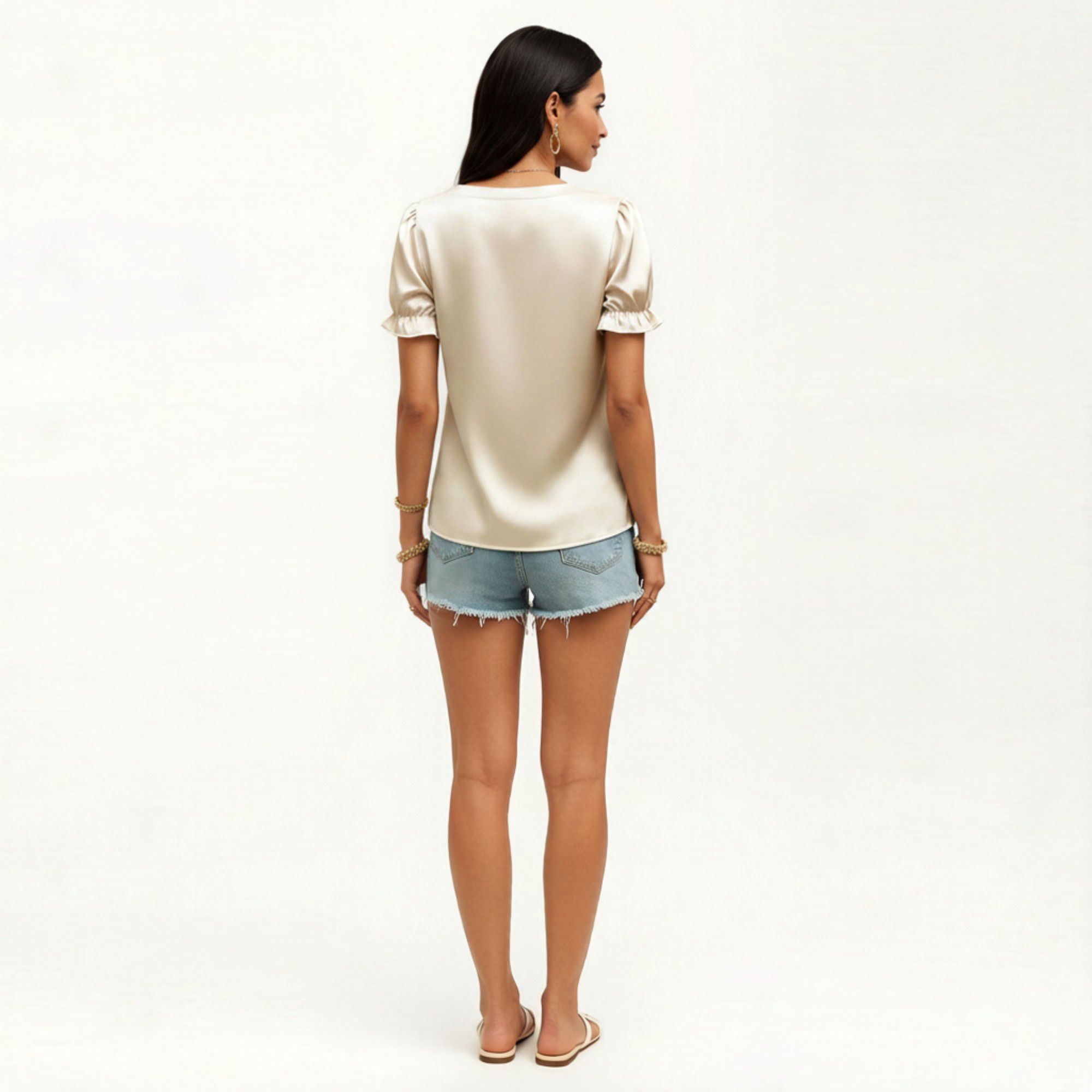 Anna-Kaci Women's Satin Faux Pearl Neck Top with Puff Sleeves and Smooth Draped Finish