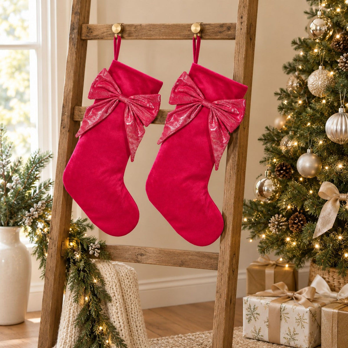 2 Pack 18 Inch Christmas Stockings with Oversized Bow Hanging Loop Holiday Mantel Decor
