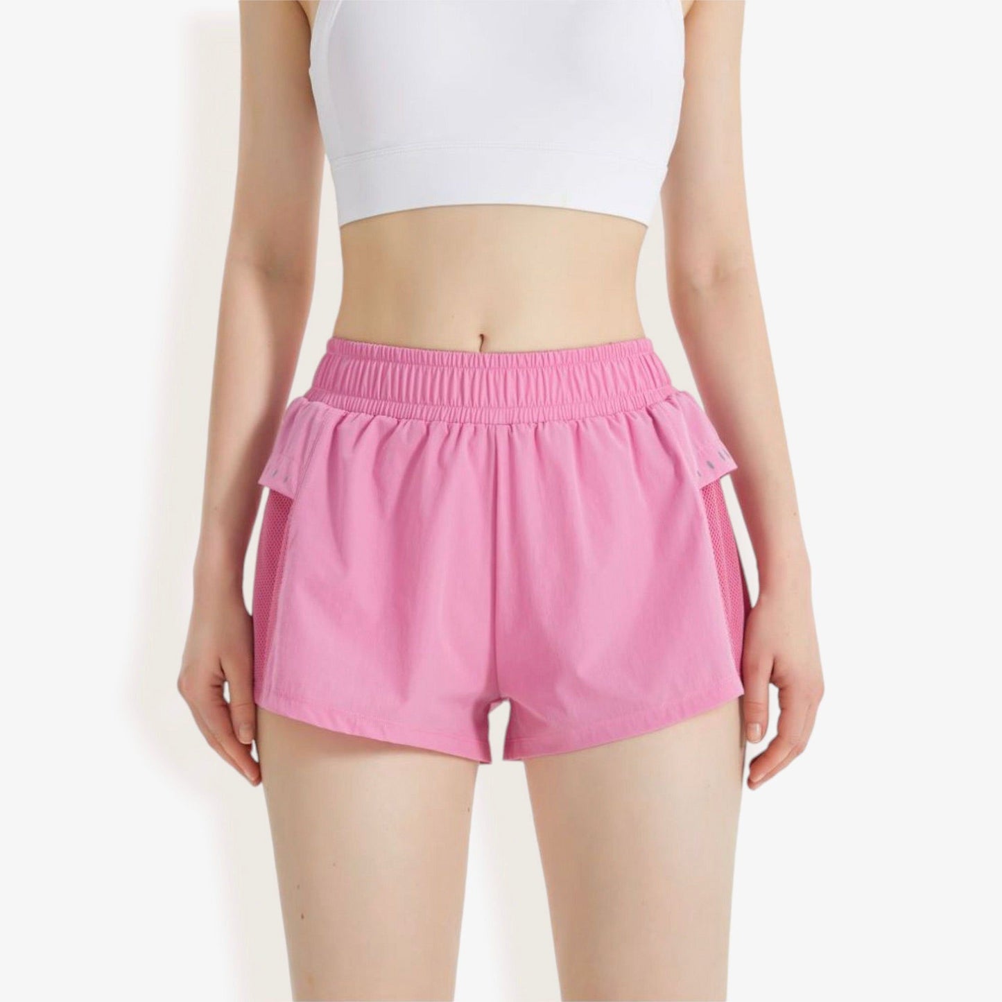 High Waist Athletic Shorts with Mesh Panels and Elastic Waistband