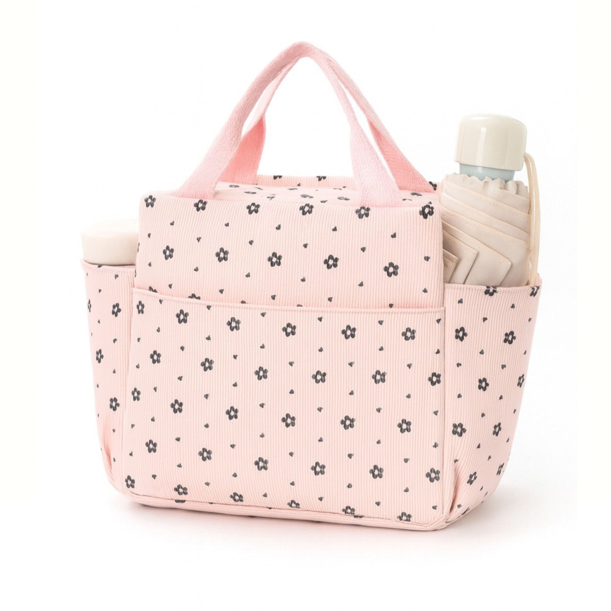 Corduroy Insulated Lunch Bag Large Capacity Floral Lunch Tote with Front and Side Pockets