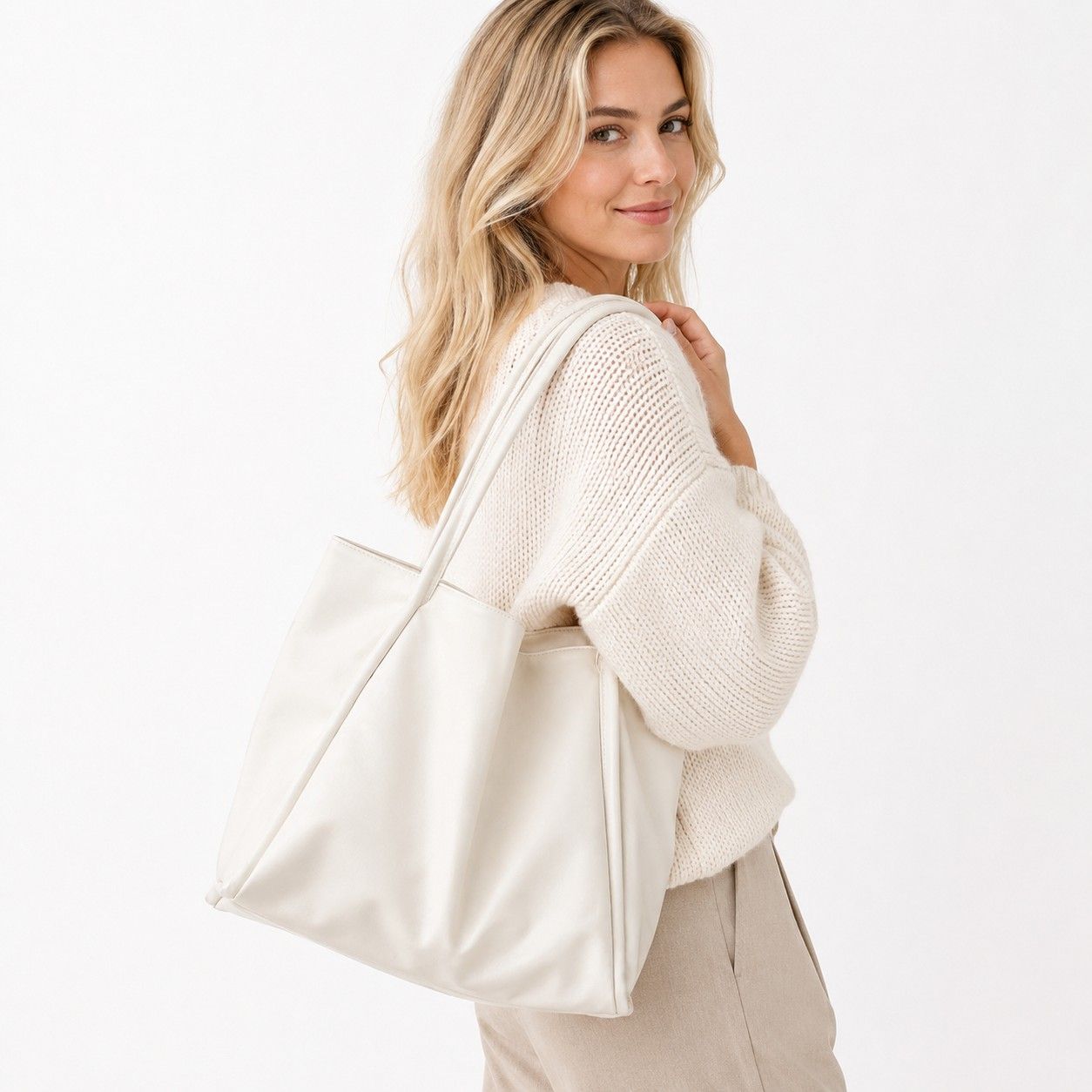 Large Faux Leather Tote Bag with Double Shoulder Straps and Magnetic Closure