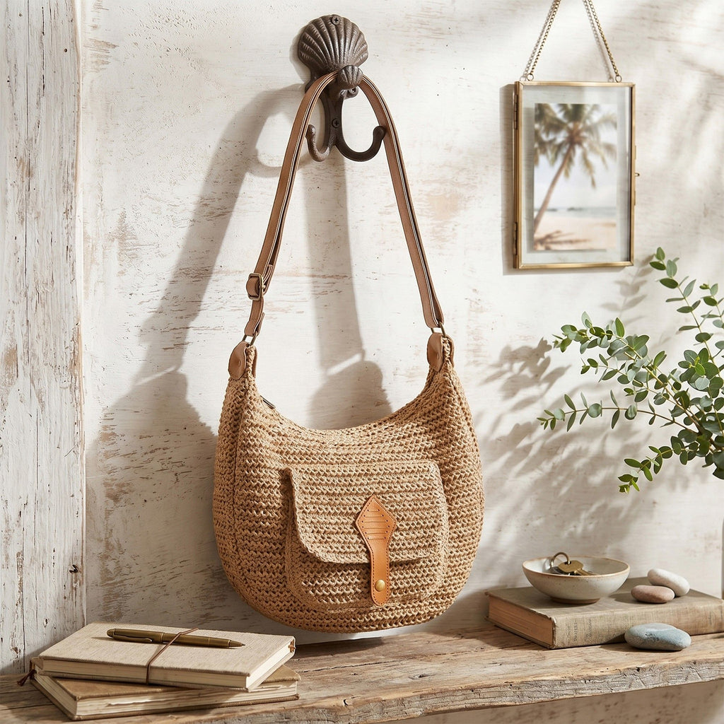 Woven Crochet Hobo Bag with Flap Pocket Leather Strap Slouchy Shoulder Handbag Lightweight Knit Tote