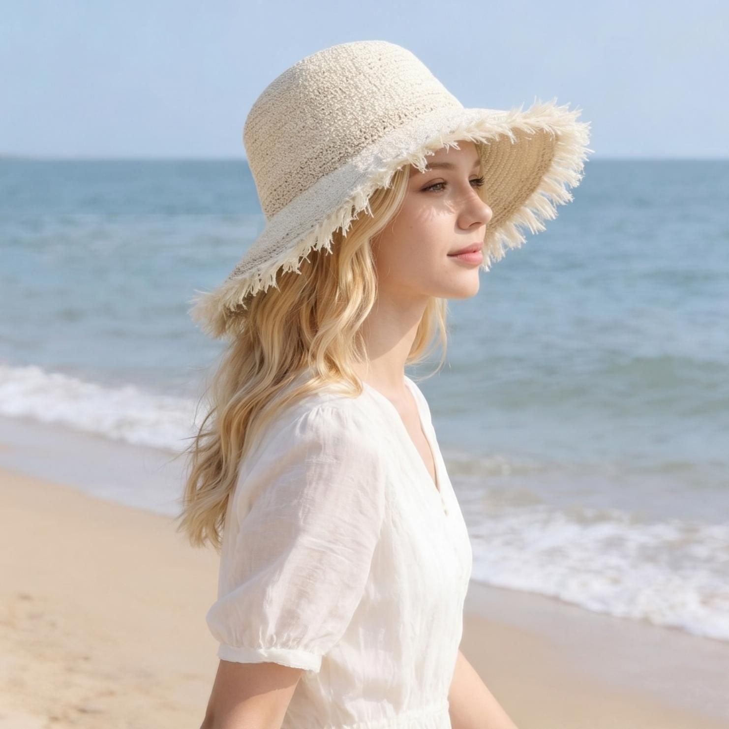 Straw Bucket Hat Frayed Edge Wide Brim Sun Hat Summer Beach UV Protection Cap