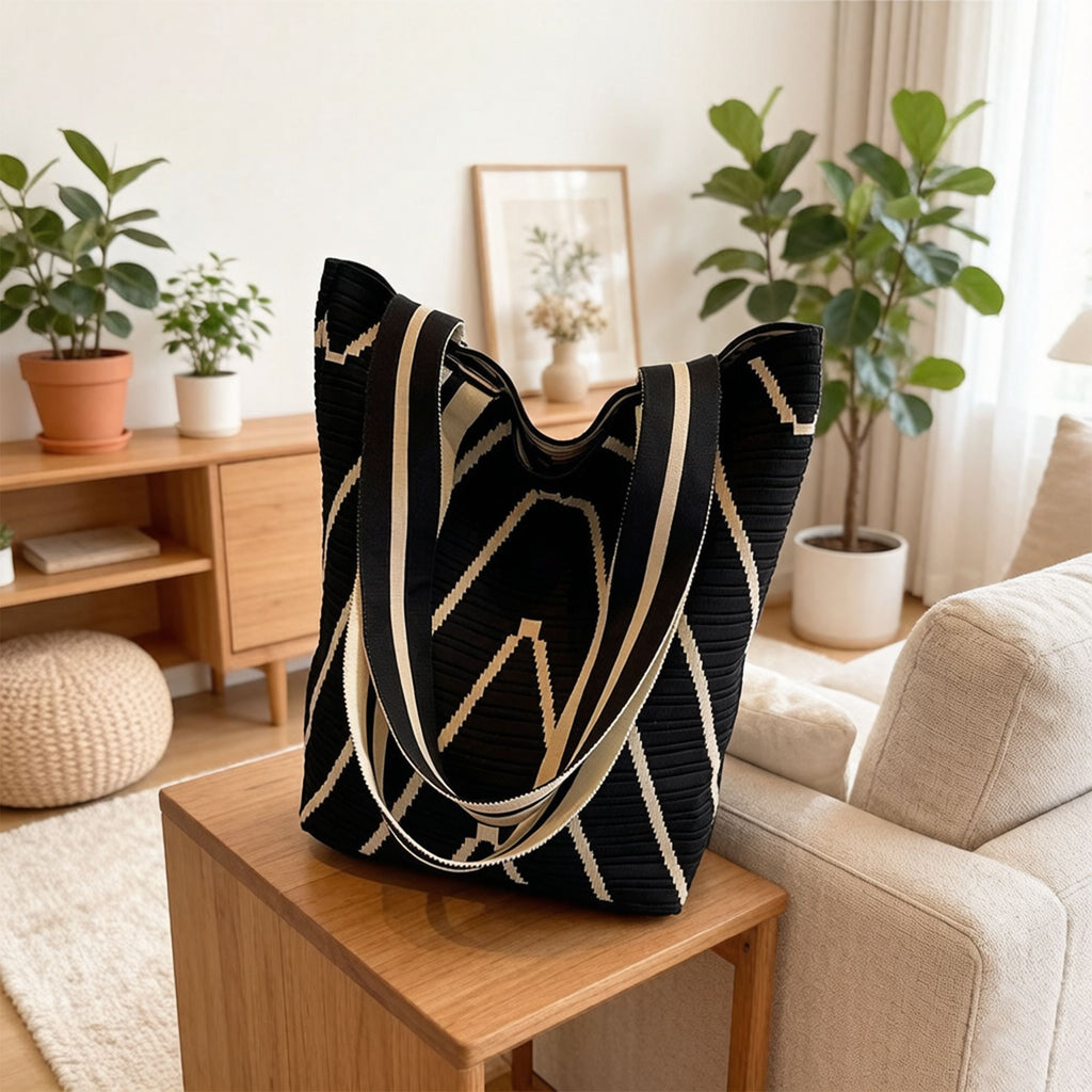 Geometric Stripe Knit Tote Bag with Long Shoulder Straps