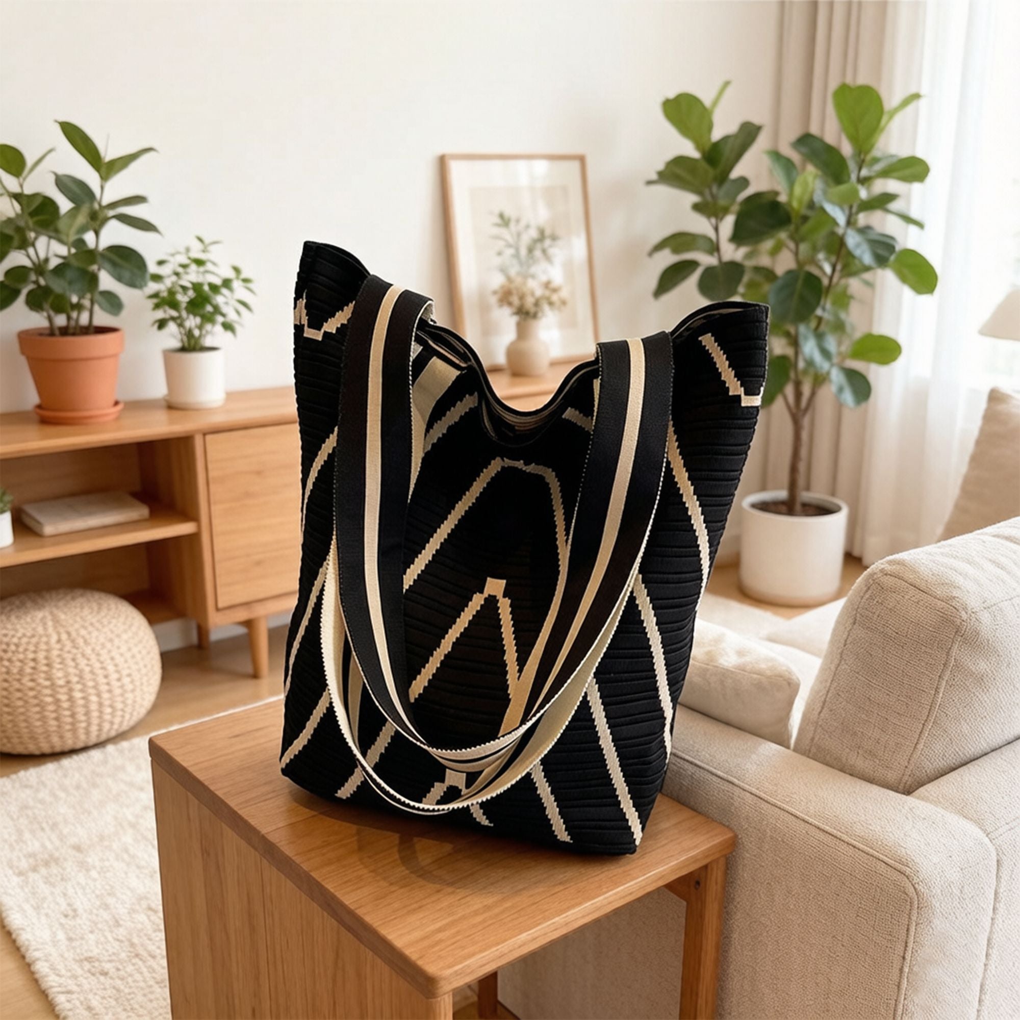 Geometric Stripe Knit Tote Bag with Long Shoulder Straps