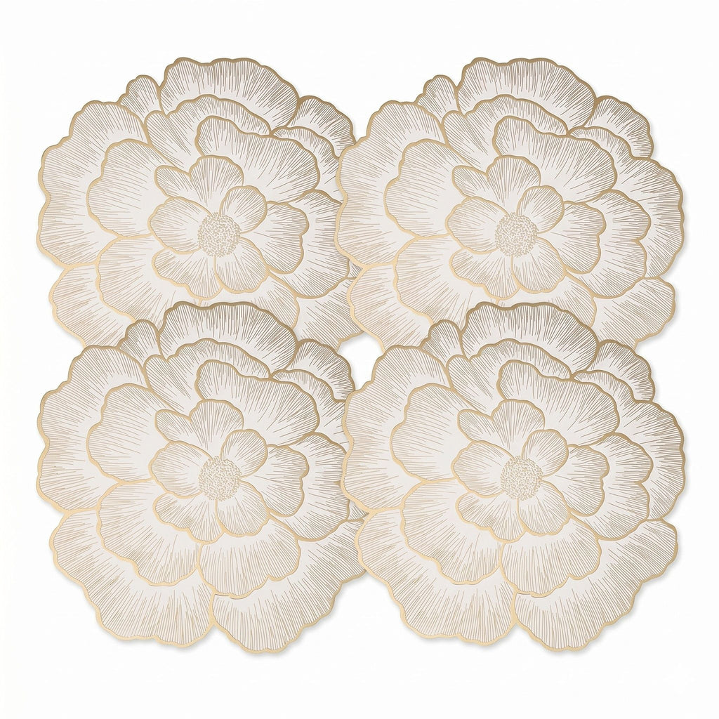 4 Pack Floral Round PVC Placemats Gold Trim Washable Heat Resistant Table Mats