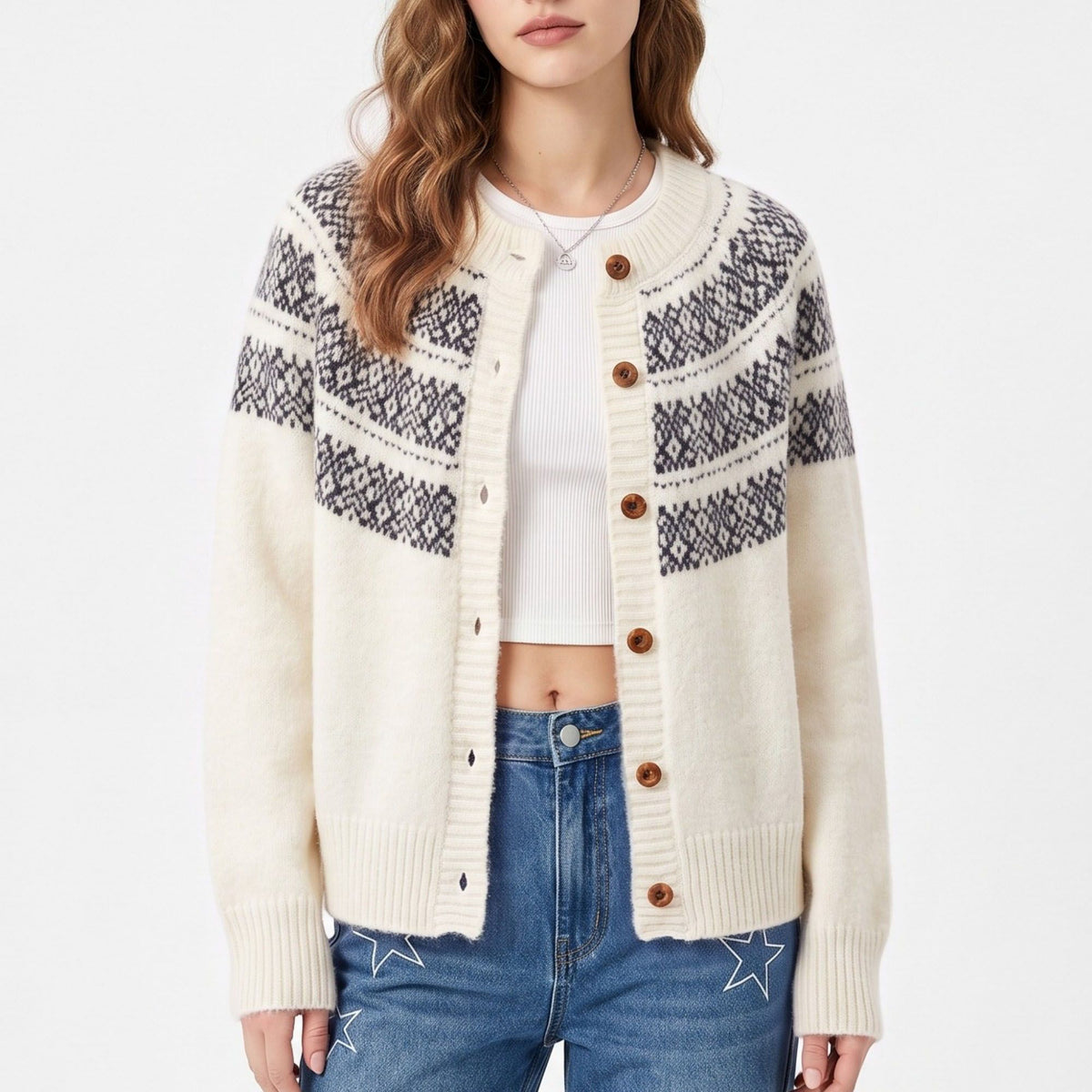 Fair Isle Button Front Crew Neck Cardigan