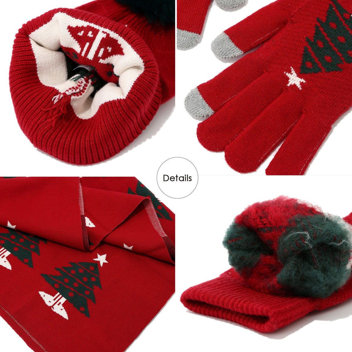 3 Piece Christmas Tree Beanie Scarf and Touchscreen Gloves Set
