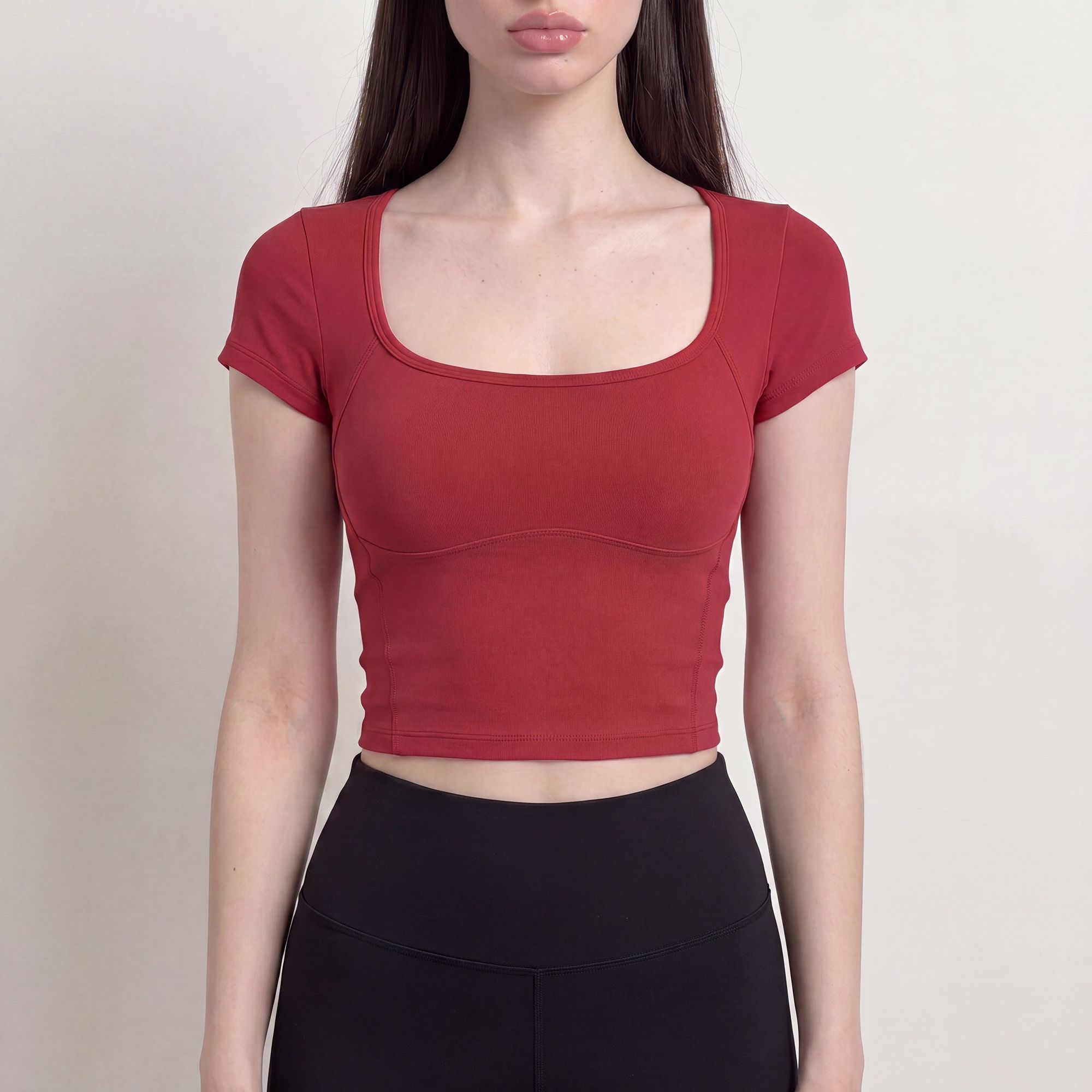 Short Sleeve Cropped Yoga Top with Built In Padding Scoop Neck Contoured Seam Activewear T Shirt
