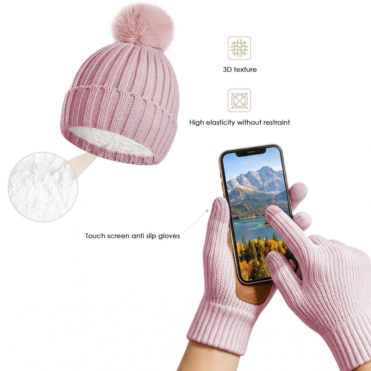 3 Piece Pom Beanie Scarf and Touchscreen Gloves Winter Set