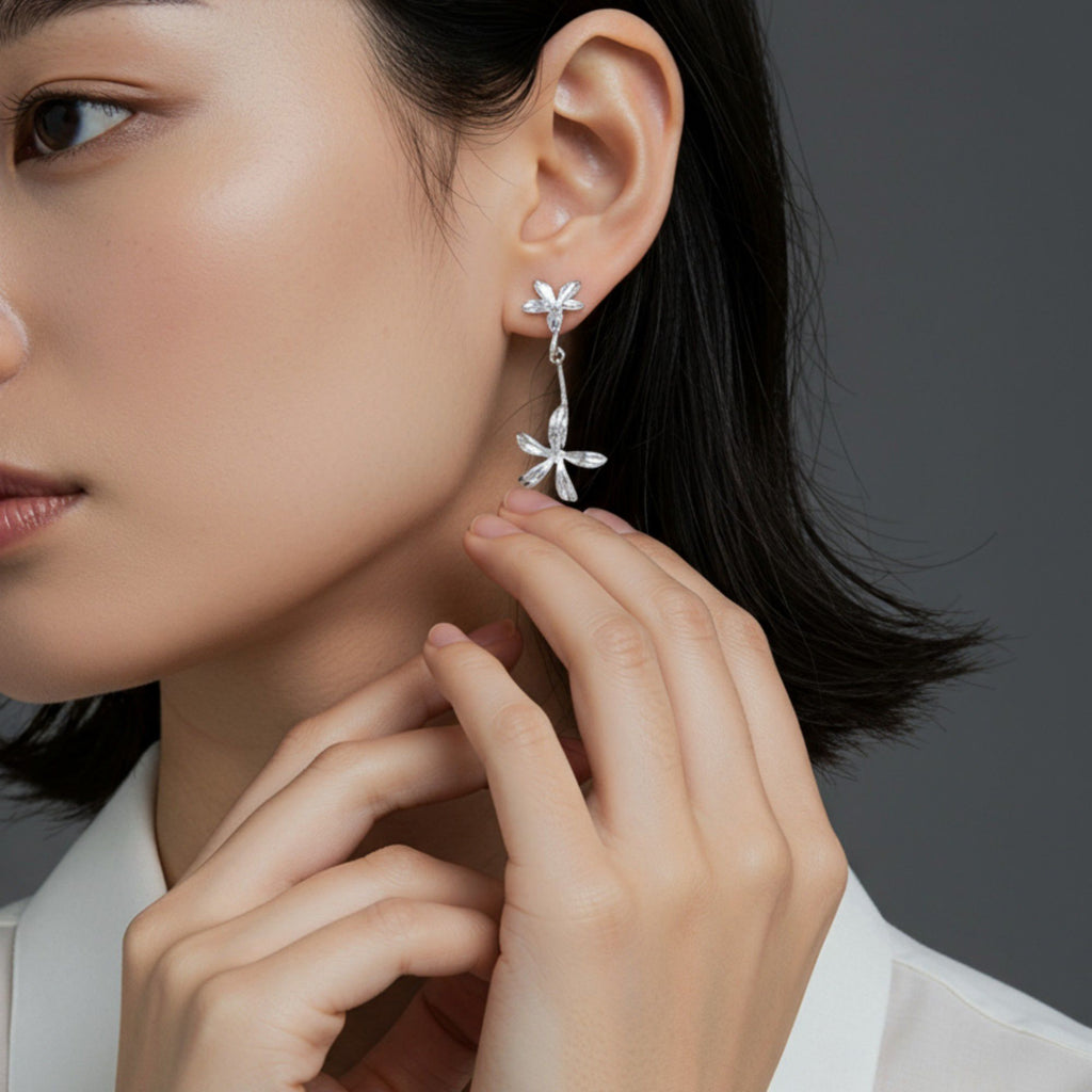 Women's Double Layer Flower Drop Earrings with Metallic Petal Design