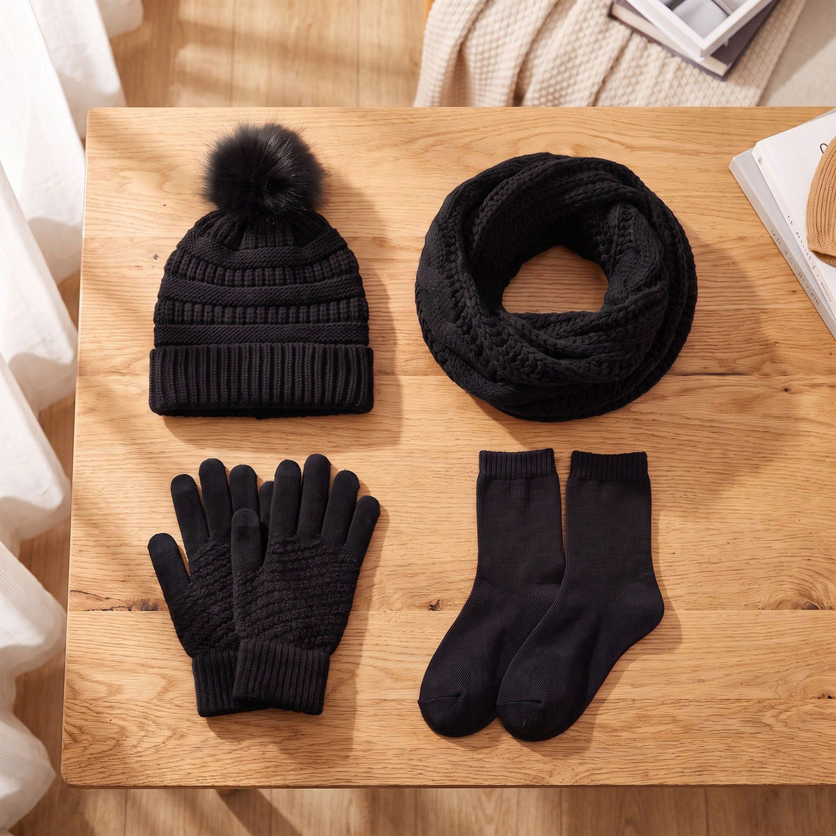 4 Piece Knit Winter Hat Scarf Touchscreen Gloves and Socks Set