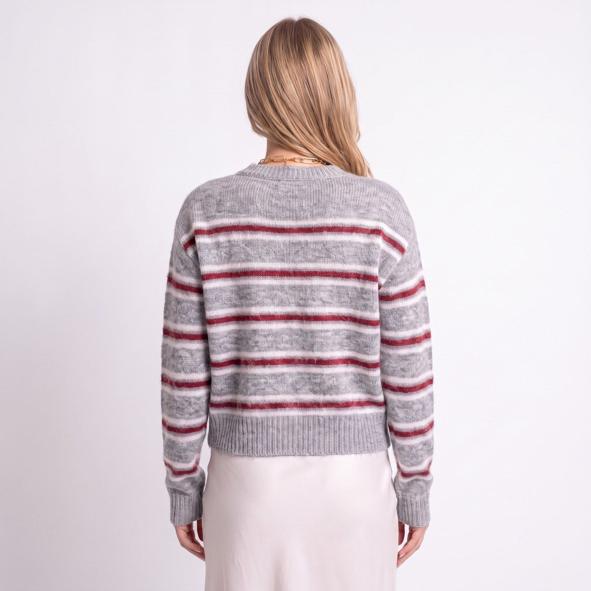 Striped Crewneck Button-Front Cardigan Sweater