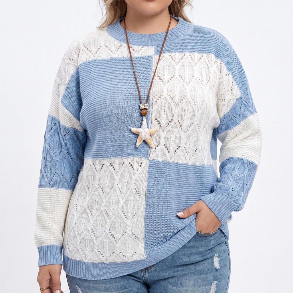 Plus Size Colorblock Pointelle Crewneck Sweater