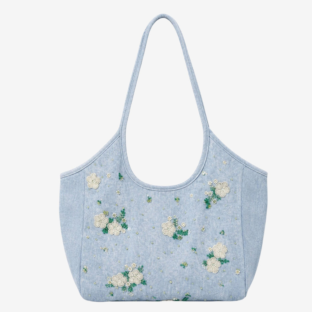 Embroidered Denim Tote Bag for Women, Casual Everyday Carry