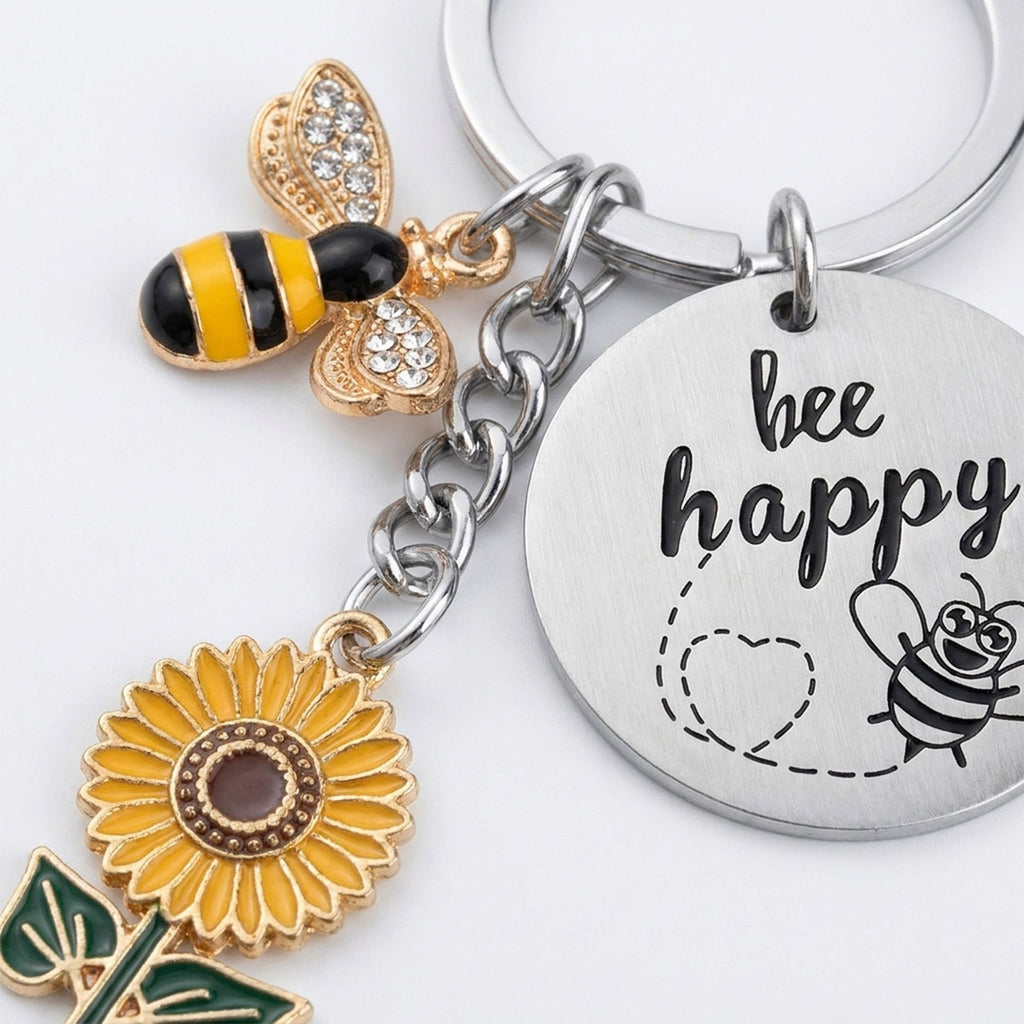 2 Pack Bee Happy Sunflower Keychain with Bee Charm Round Tag and Key Ring Bag Accessory