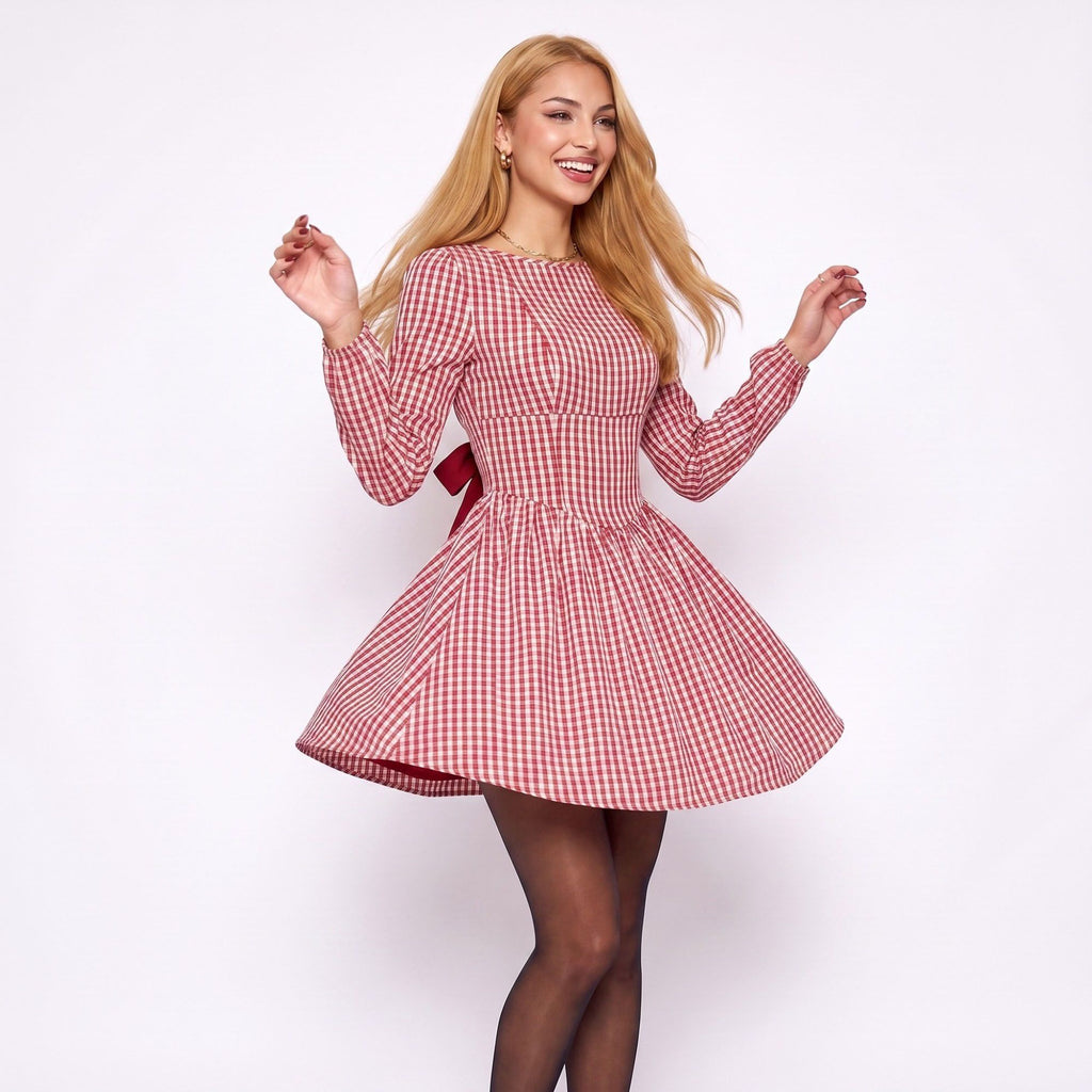 Red Gingham Long Sleeve Open Back Bow Fit and Flare Mini Dress