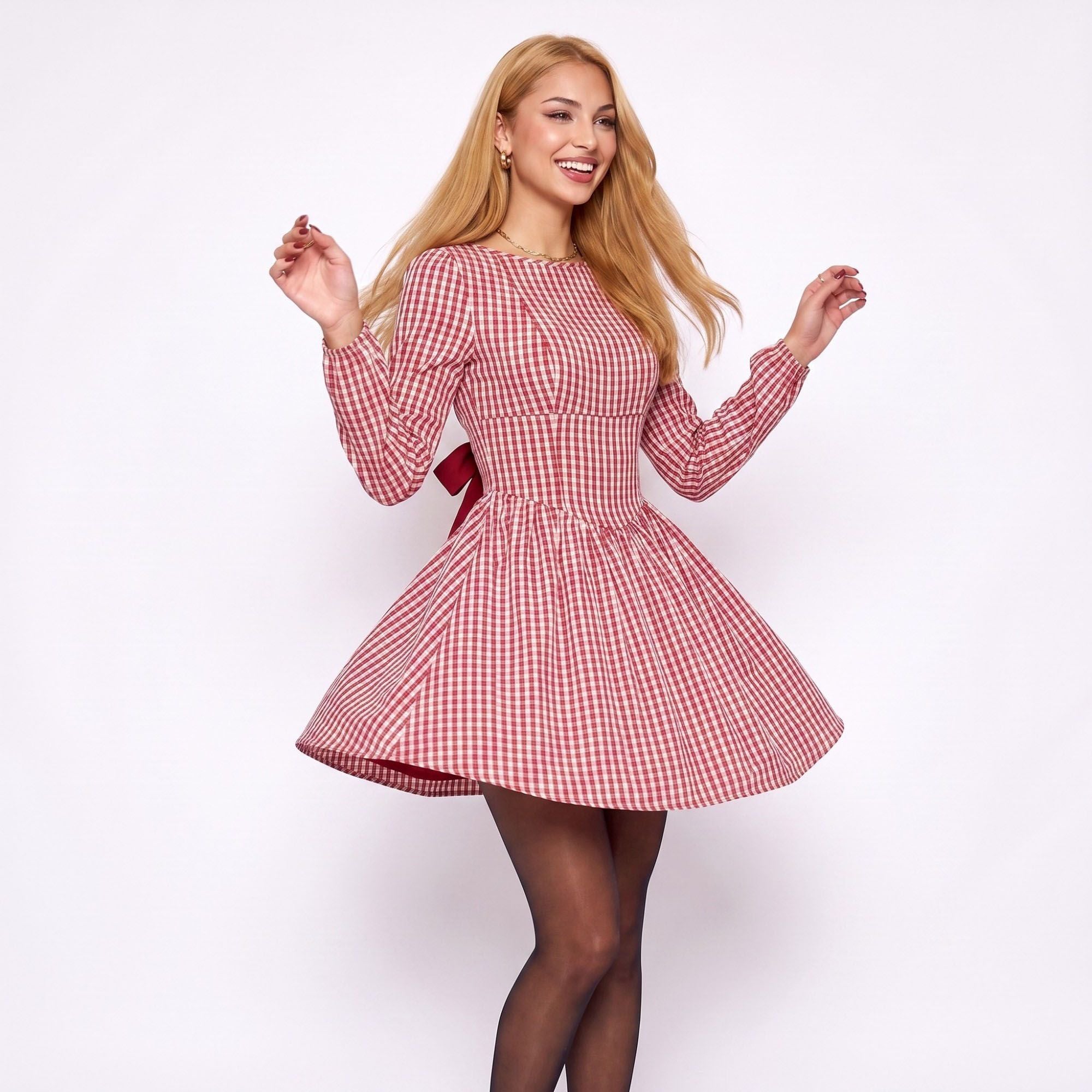 Red Gingham Long Sleeve Open Back Bow Fit and Flare Mini Dress