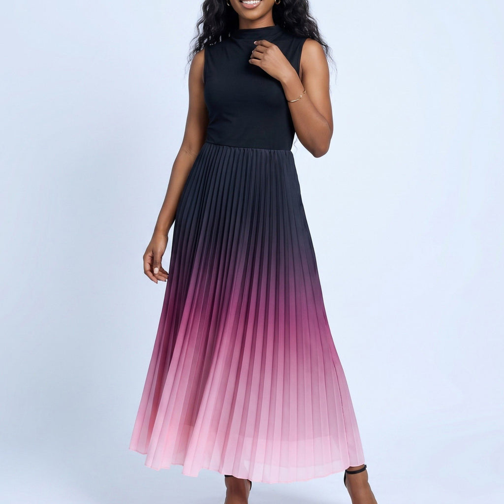 Anna-Kaci Women's Sleeveless High Neck Pleated Ombre A-Line Maxi Dress with Flowy Skirt