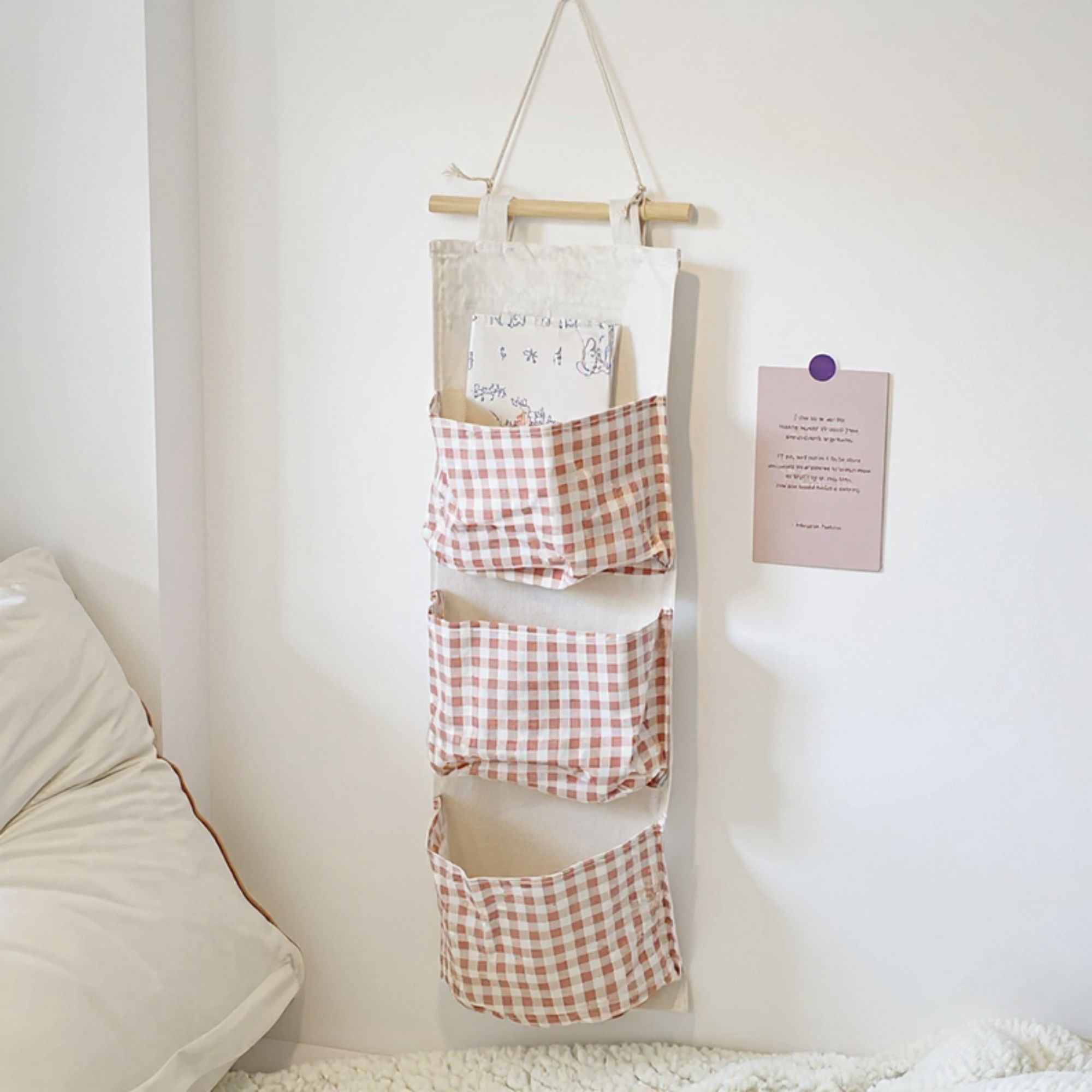 Hanging Wall Organizer with Three Pockets and Brown Gingham Pattern 19x7.8 in