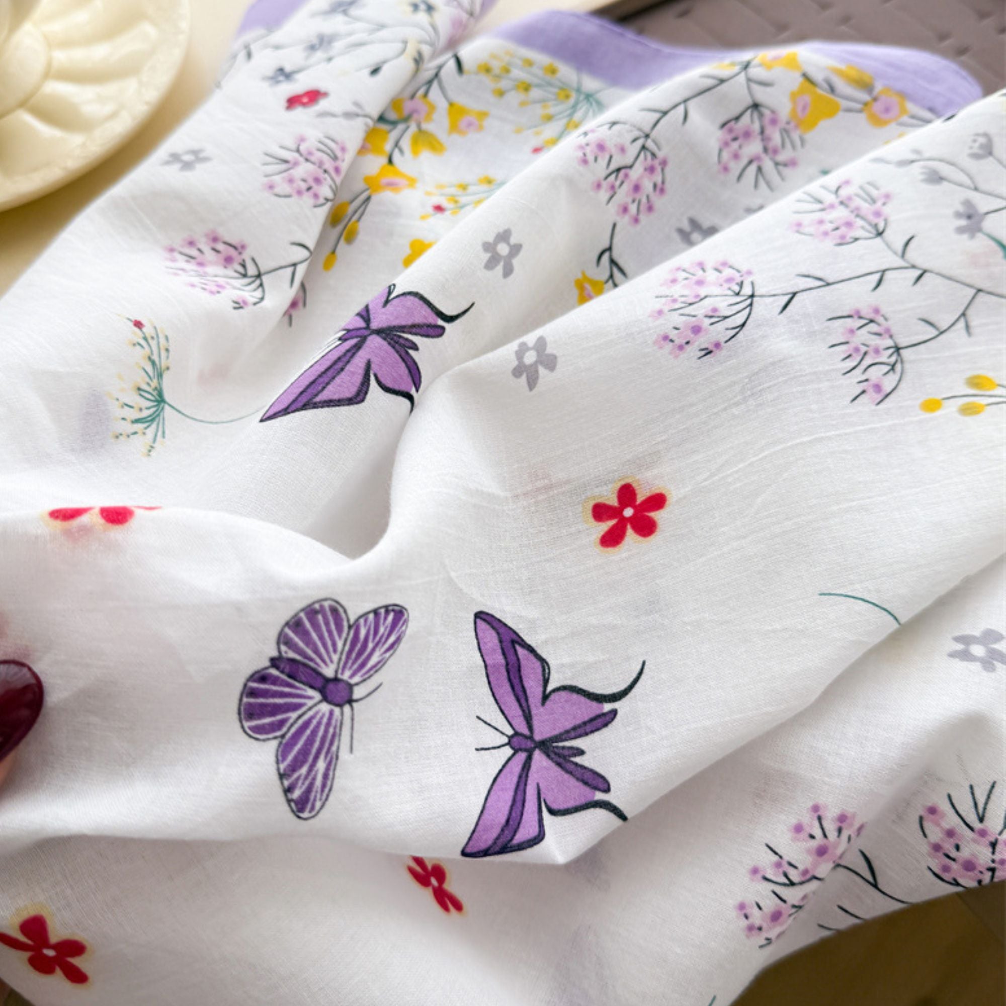 Pure Cotton Butterfly Floral Print Square Scarf Lightweight Fashion Neck Hair Scarf 25.5¡Á25.5 Inches