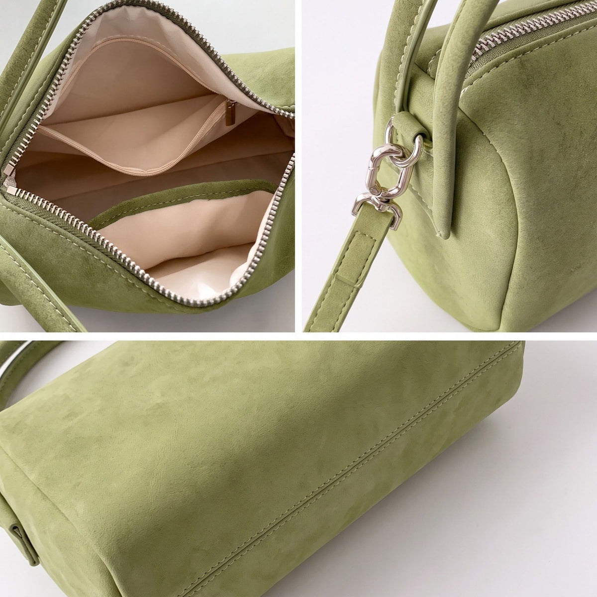 Faux Suede Handbag with Detachable Crossbody Strap and Zipper Closure