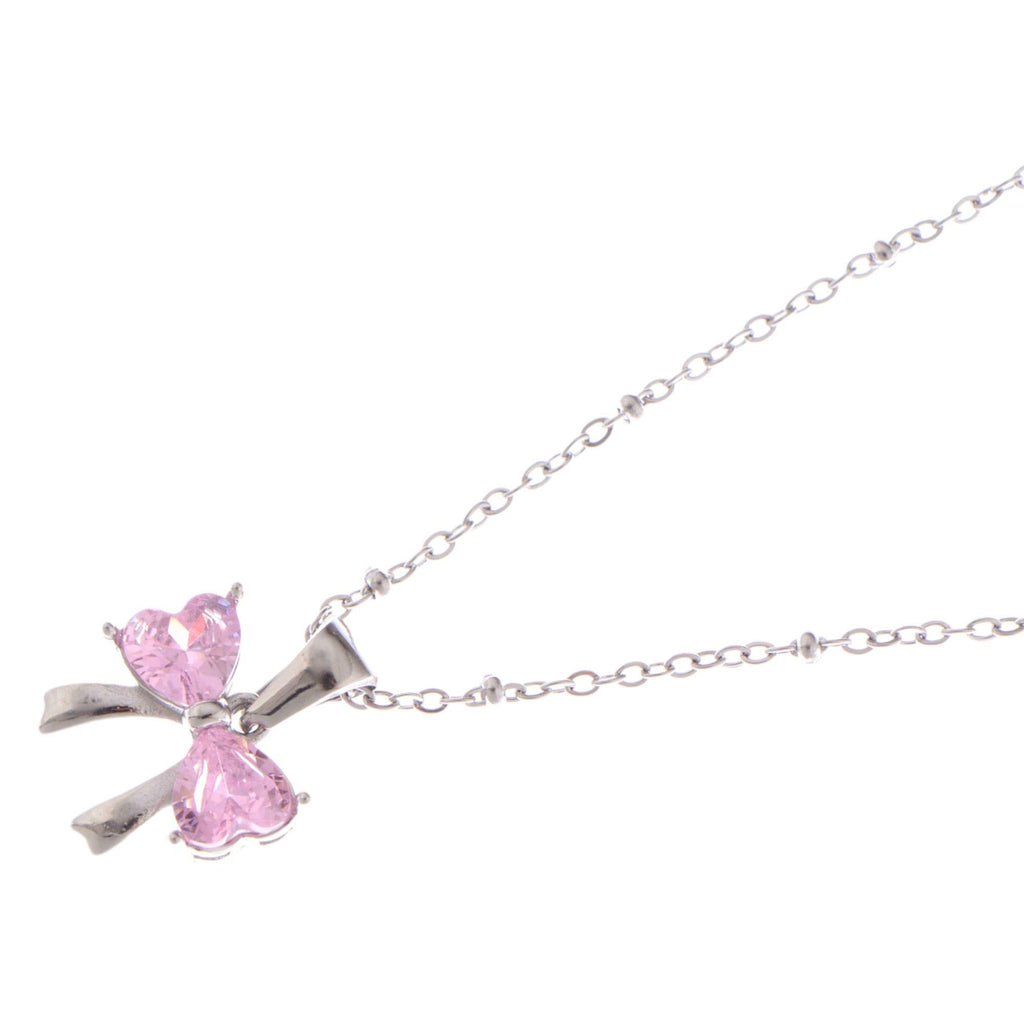 Silver Bow Pendant Fashion Necklace with Pink Gemstone Accents
