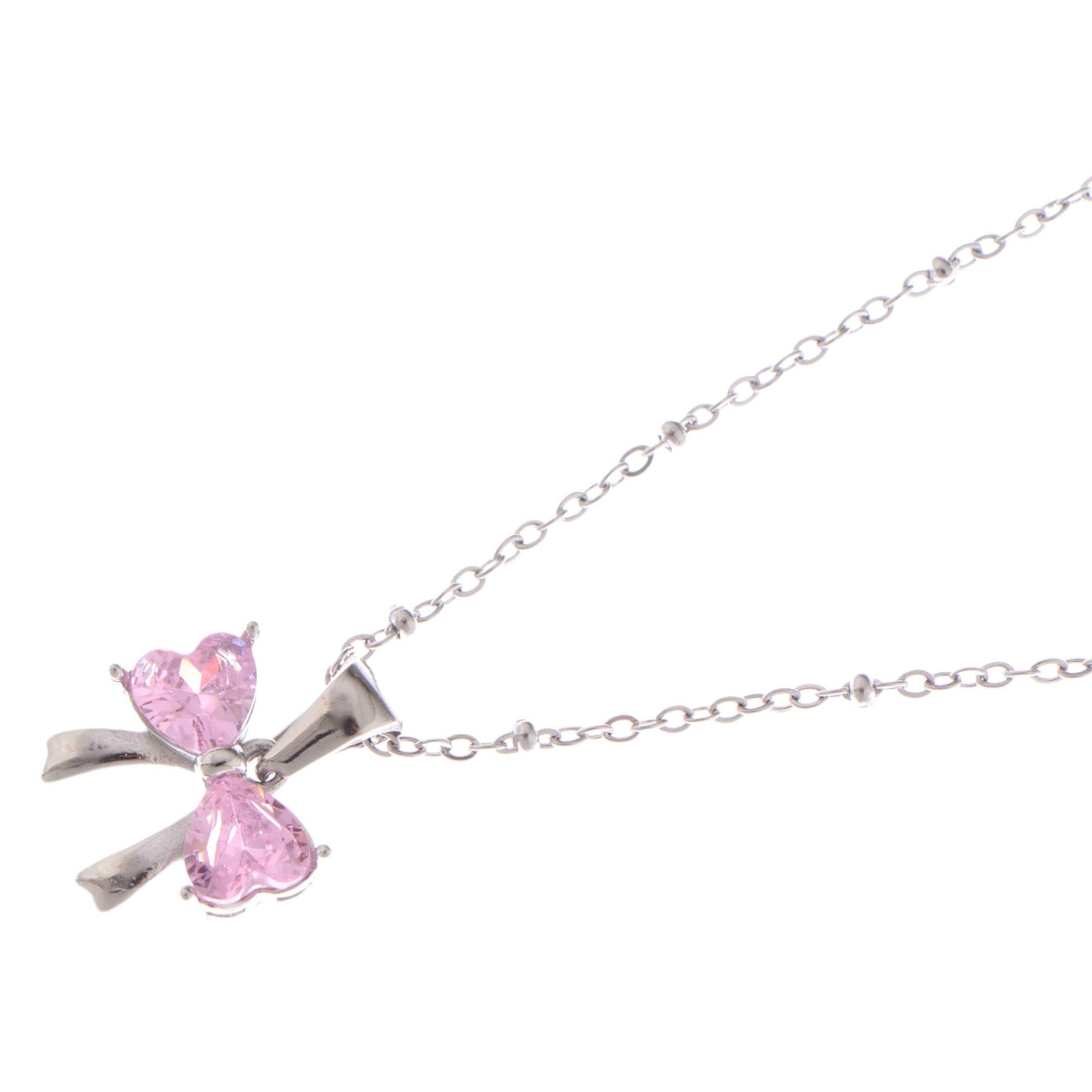Silver Bow Pendant Fashion Necklace with Pink Gemstone Accents