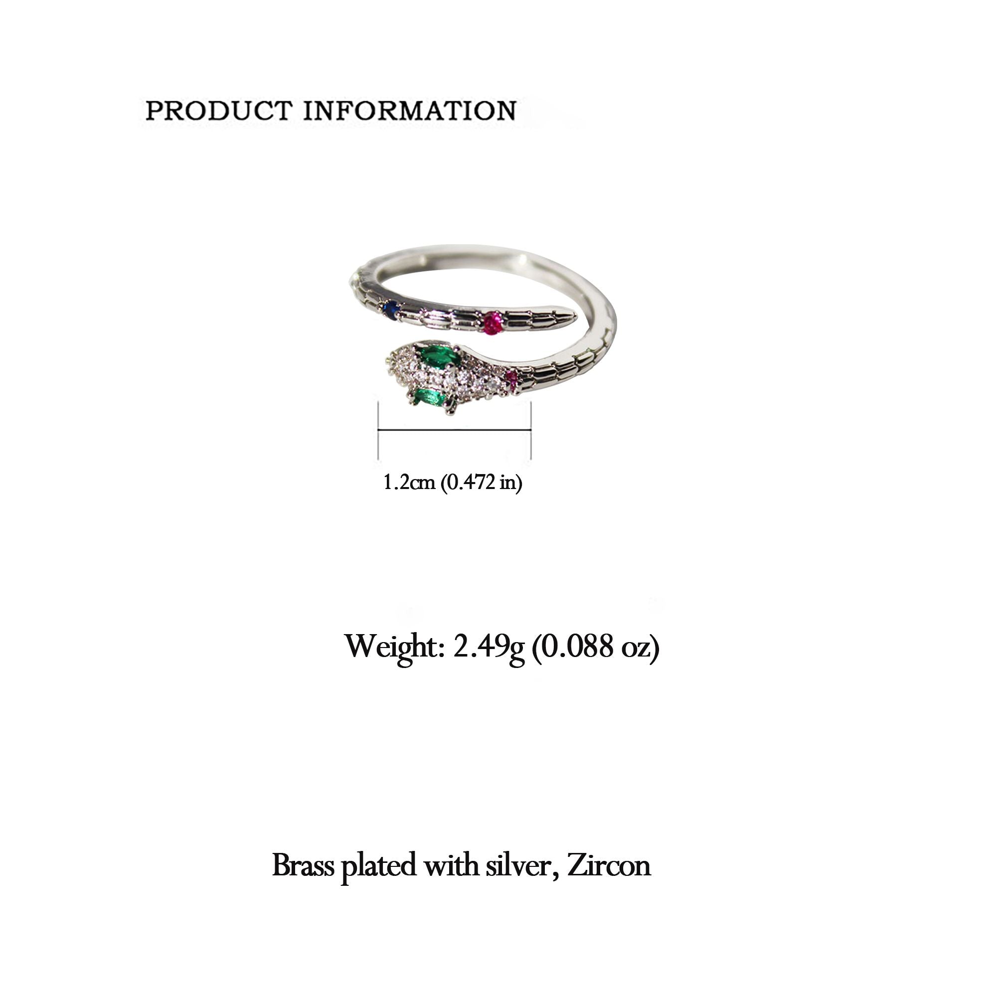 Women's Snake Statement Ring with Multi-Color Crystals - Adjustable Brass Animal Ring