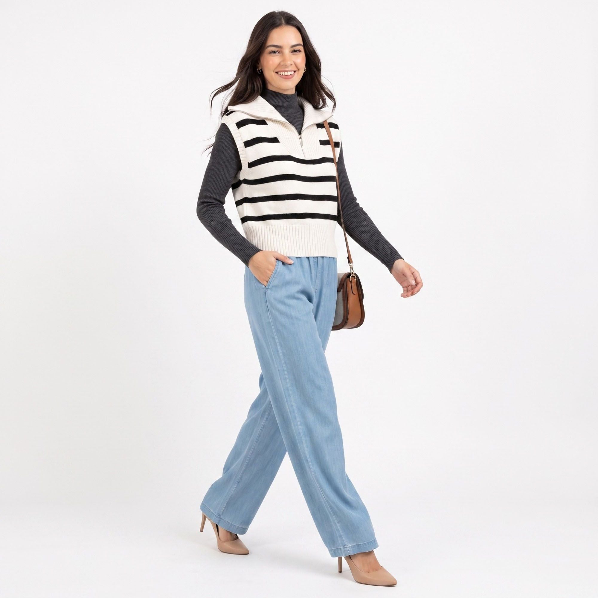 Striped Quarter Zip Sleeveless Sweater Vest