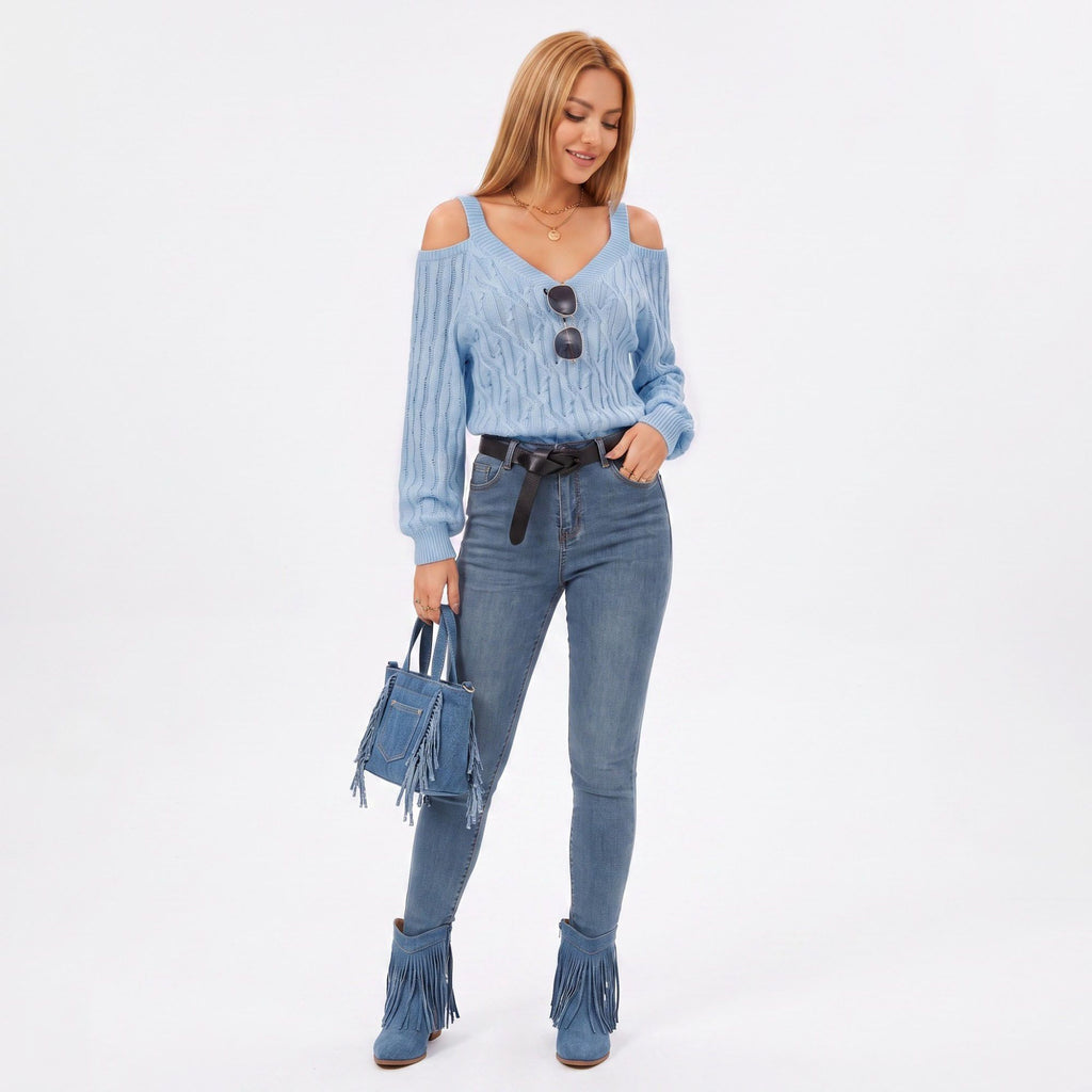 Cold Shoulder V Neck Cable Knit Long Sleeve Sweater