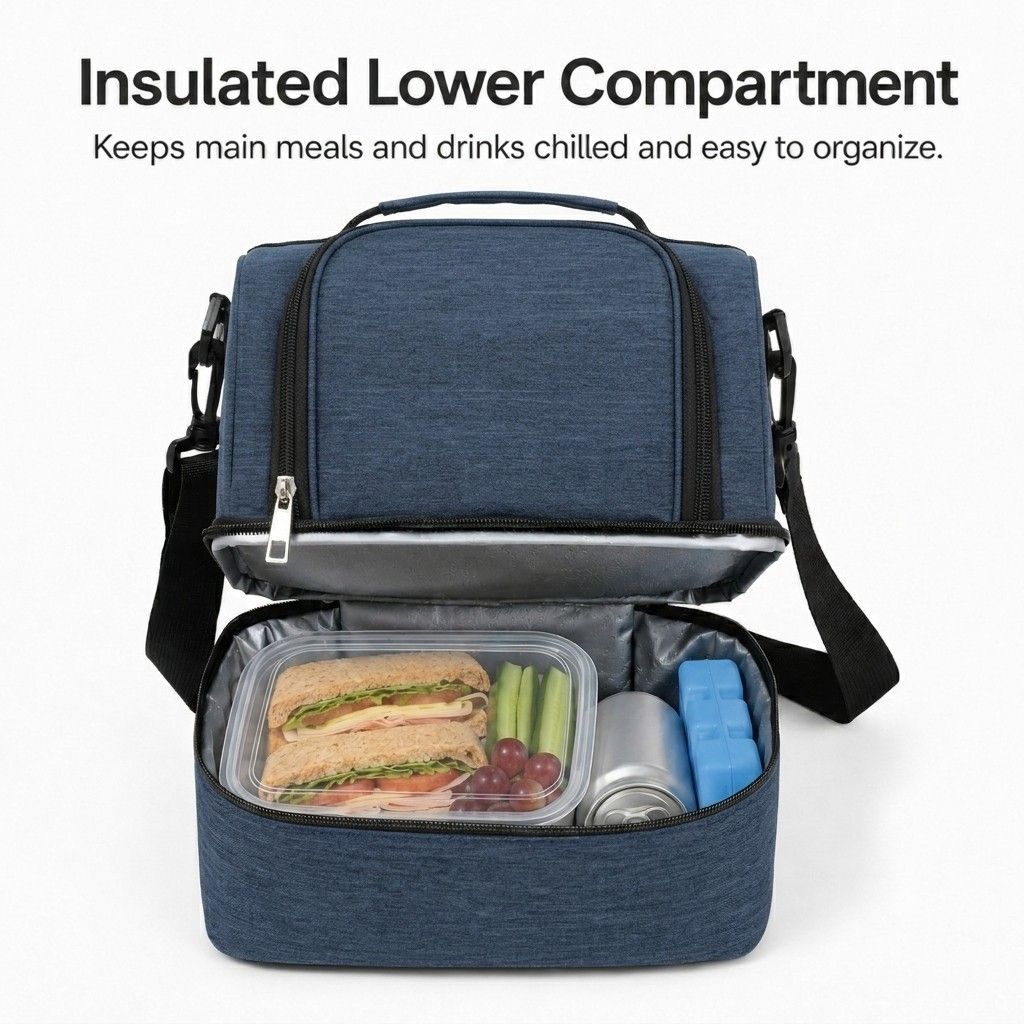 Dual Compartment Insulated Lunch Bag with Adjustable Shoulder Strap