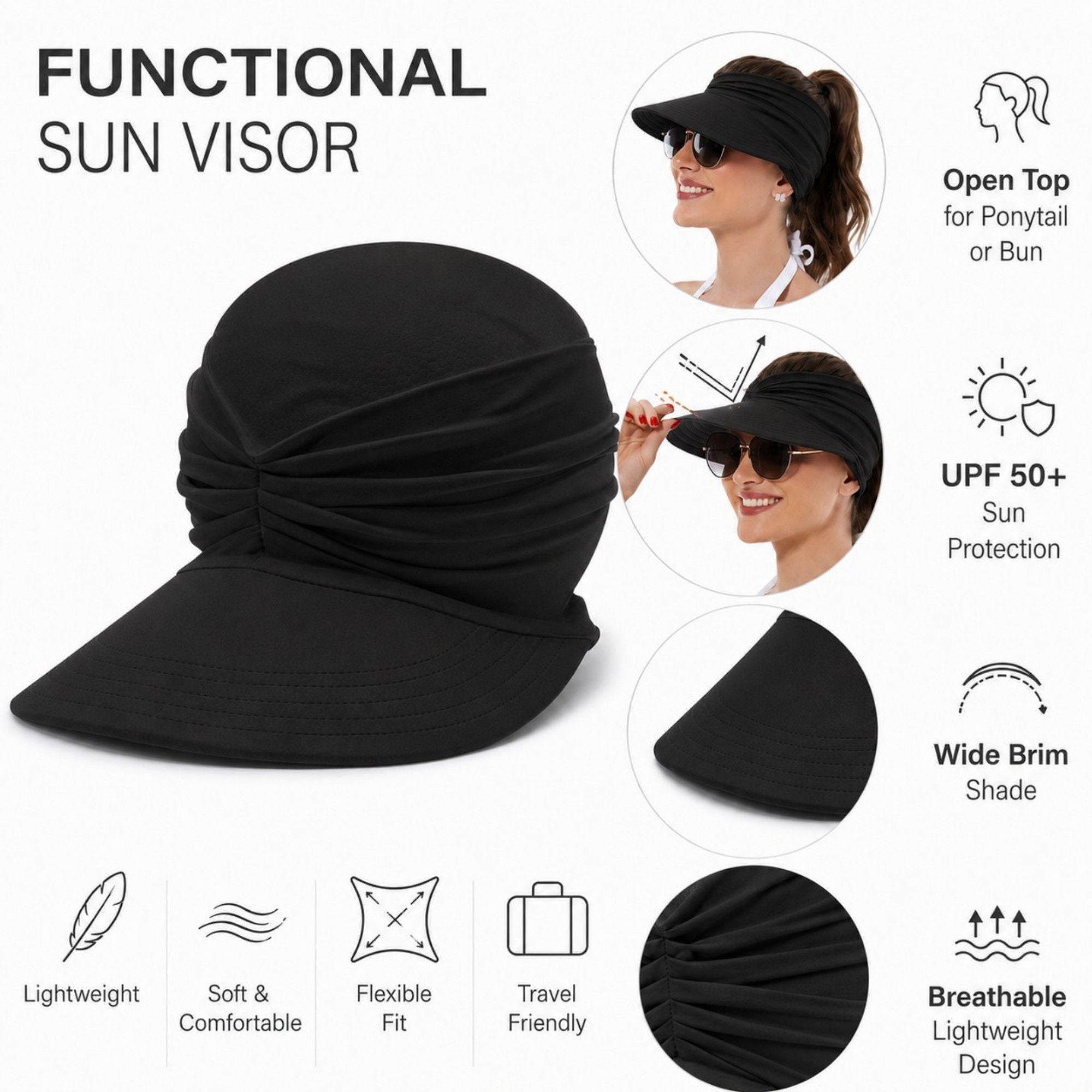 Pleated Visor - Lightweight Sport Sun Hat for Beach and Tennis