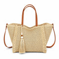 Fringe Woven Tote Bag with Detachable Strap Zip Closure and Tassel Accent