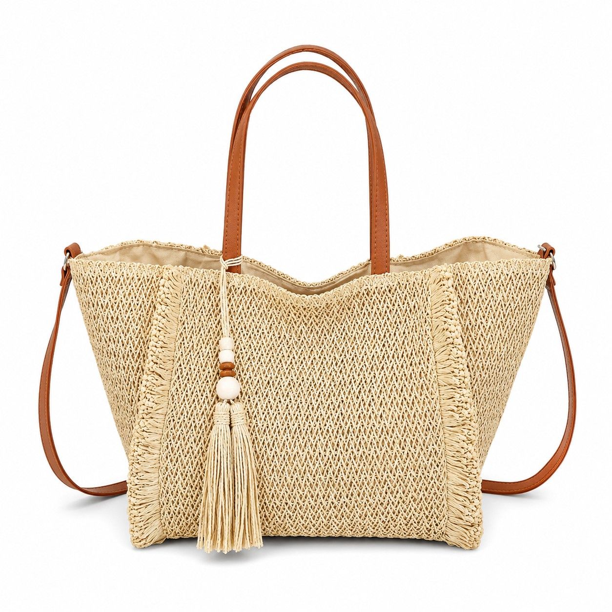 Fringe Woven Tote Bag with Detachable Strap Zip Closure and Tassel Accent