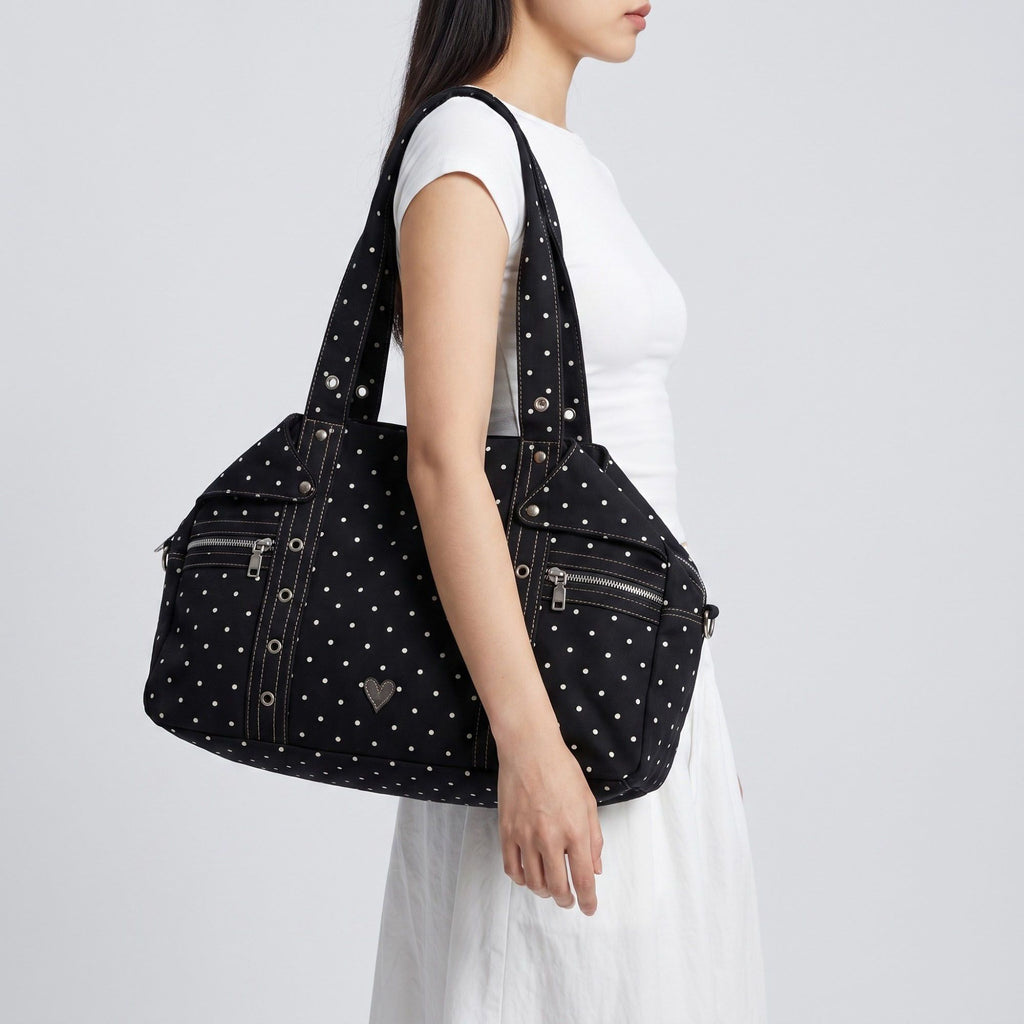 Polka Dot Multi-Pocket Shoulder Bag with Zip Closure