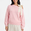 Off Shoulder Bow Sweater Long Sleeve Relaxed Fit Knit Pullover