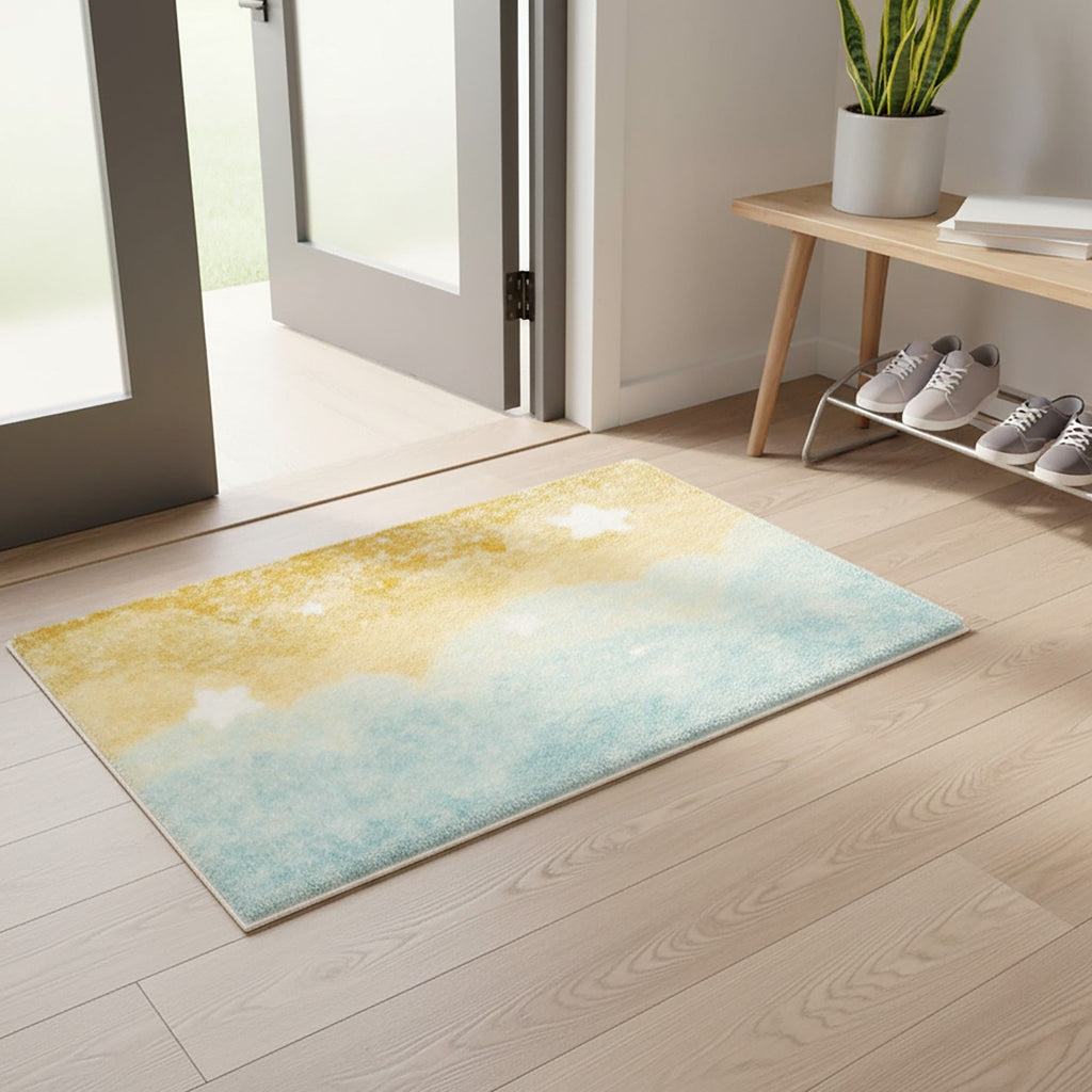 Tufted Floor Mat with Ocean Wave and Cloud Design Non Slip Backing Soft Plush Decorative Indoor Rug