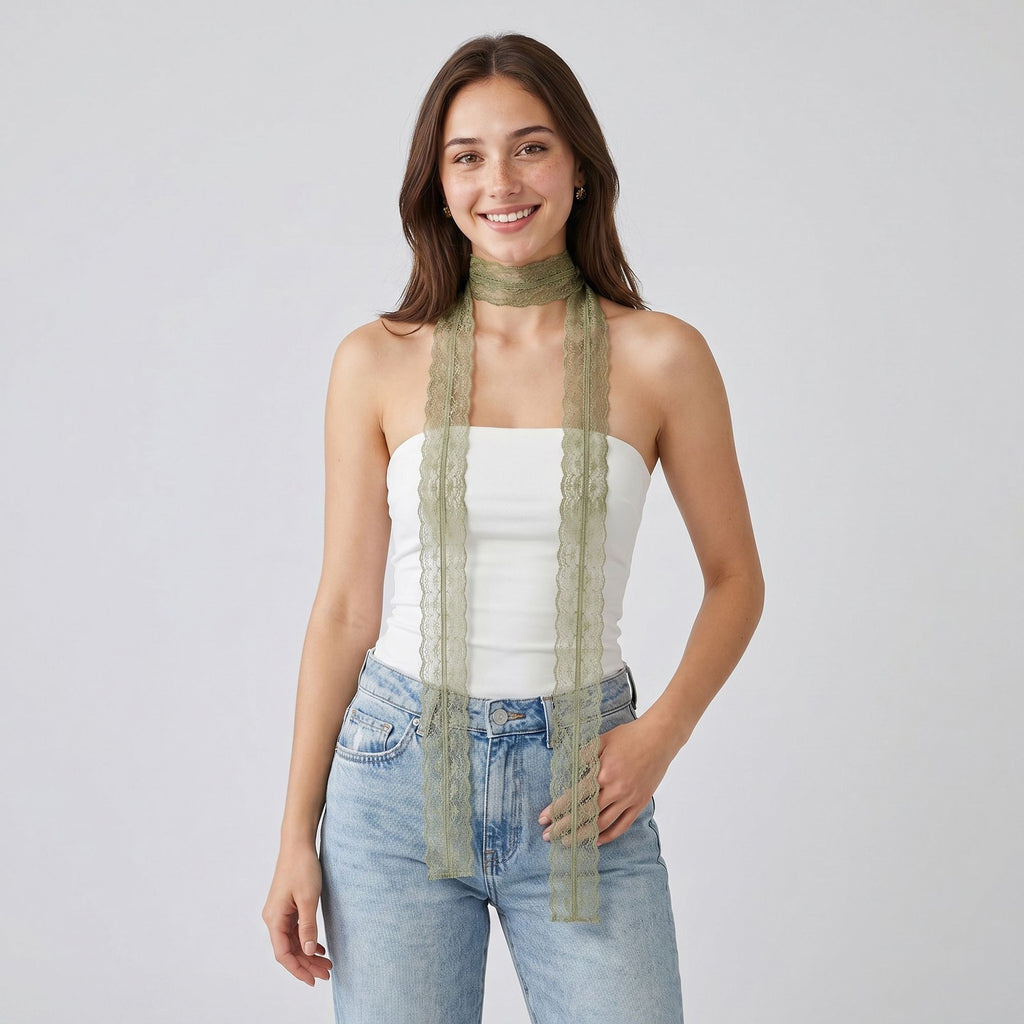 Sheer Lace Skinny Scarf with Scalloped Edges and Long Narrow Neck Tie Design
