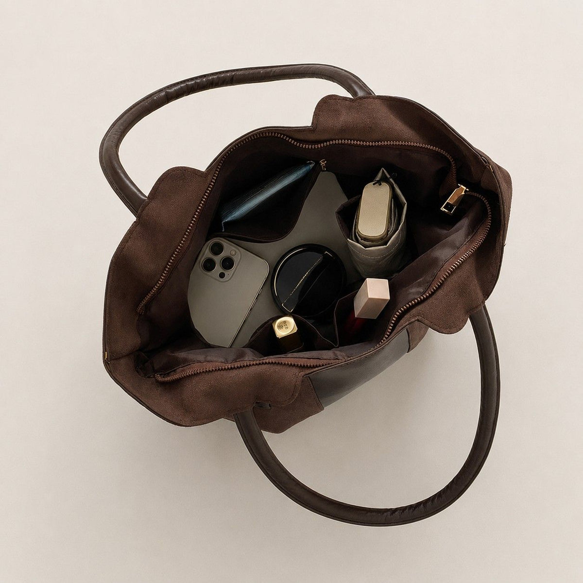 Faux Suede Tote Bag with Double Shoulder Handles Zip Closure and Interior Pockets
