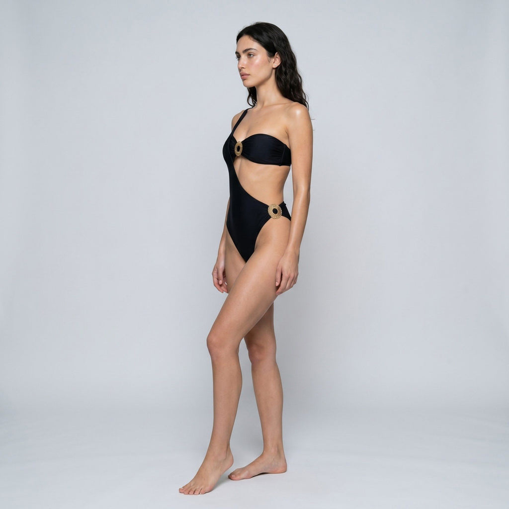 One Shoulder Cutout One Piece Swimsuit with Ruched Bandeau Bust Metal Ring Detail and High Cut Leg