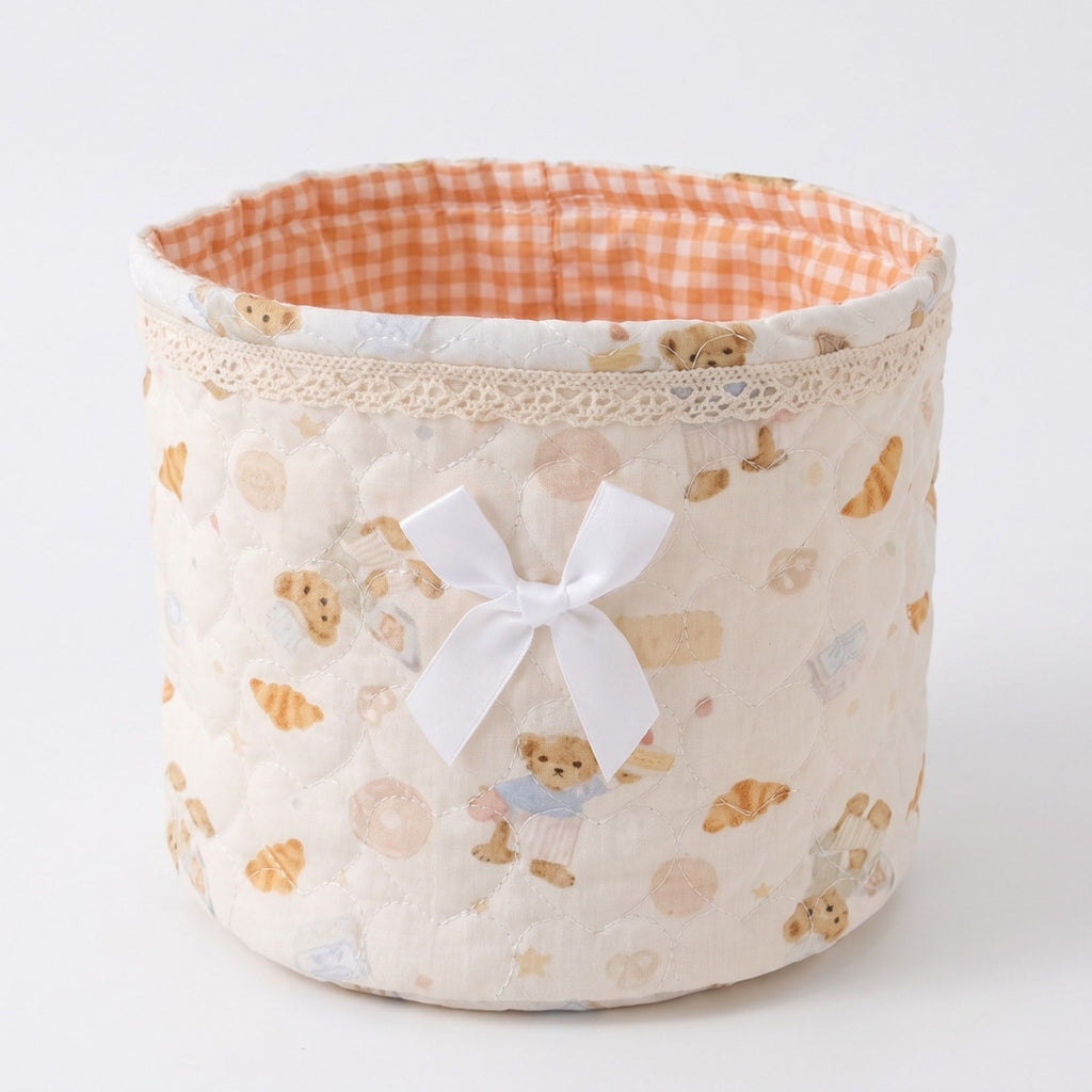 Quilted Round Fabric Storage Basket with Bow and Lace Trim