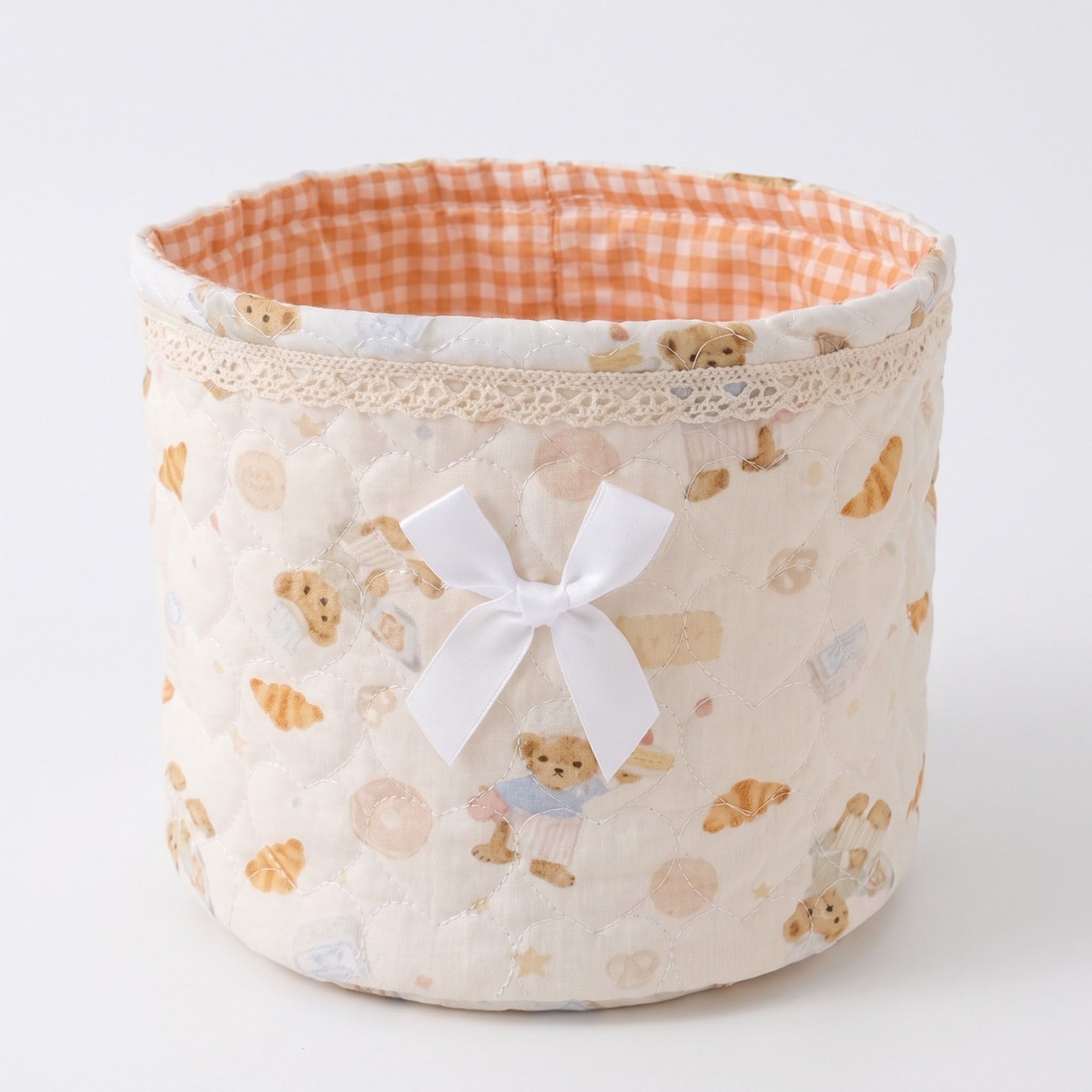 Quilted Round Fabric Storage Basket with Bow and Lace Trim